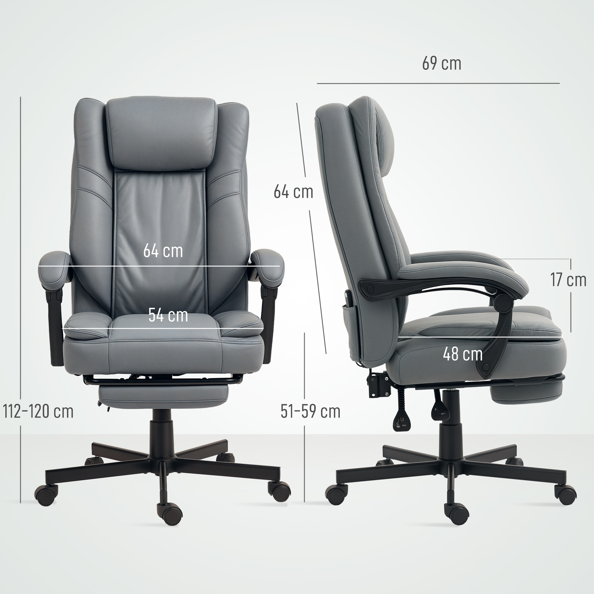 Bürostuhl mit Massagefunktion, höhenverstellbarer Schreibtischstuhl mit neigbarer Rückenlehne, gepolstert, rollbar, Grau