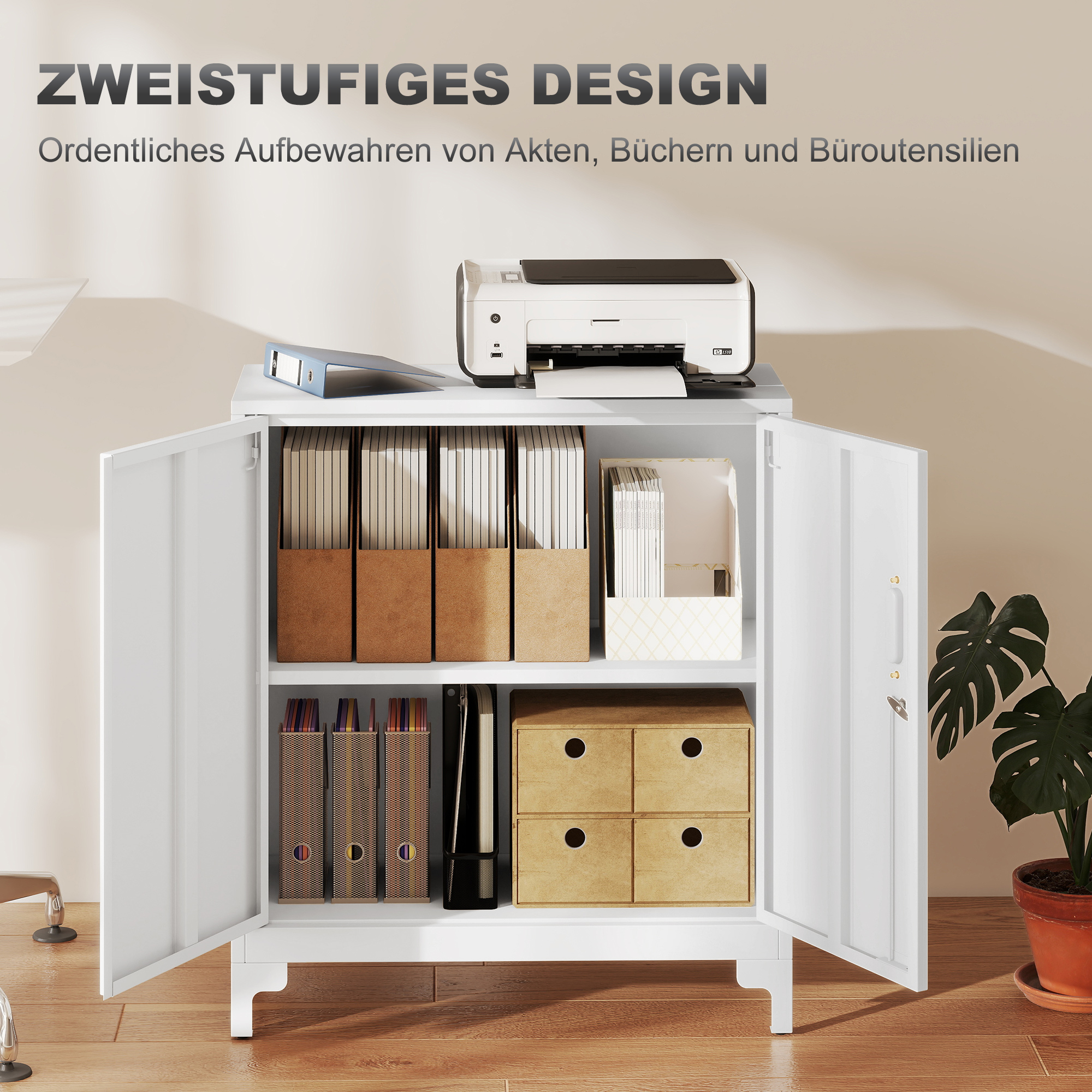 Büroschrank aus Metall, verschließbare Türen, Bürokommode, 2-stufiges Design, Weiß