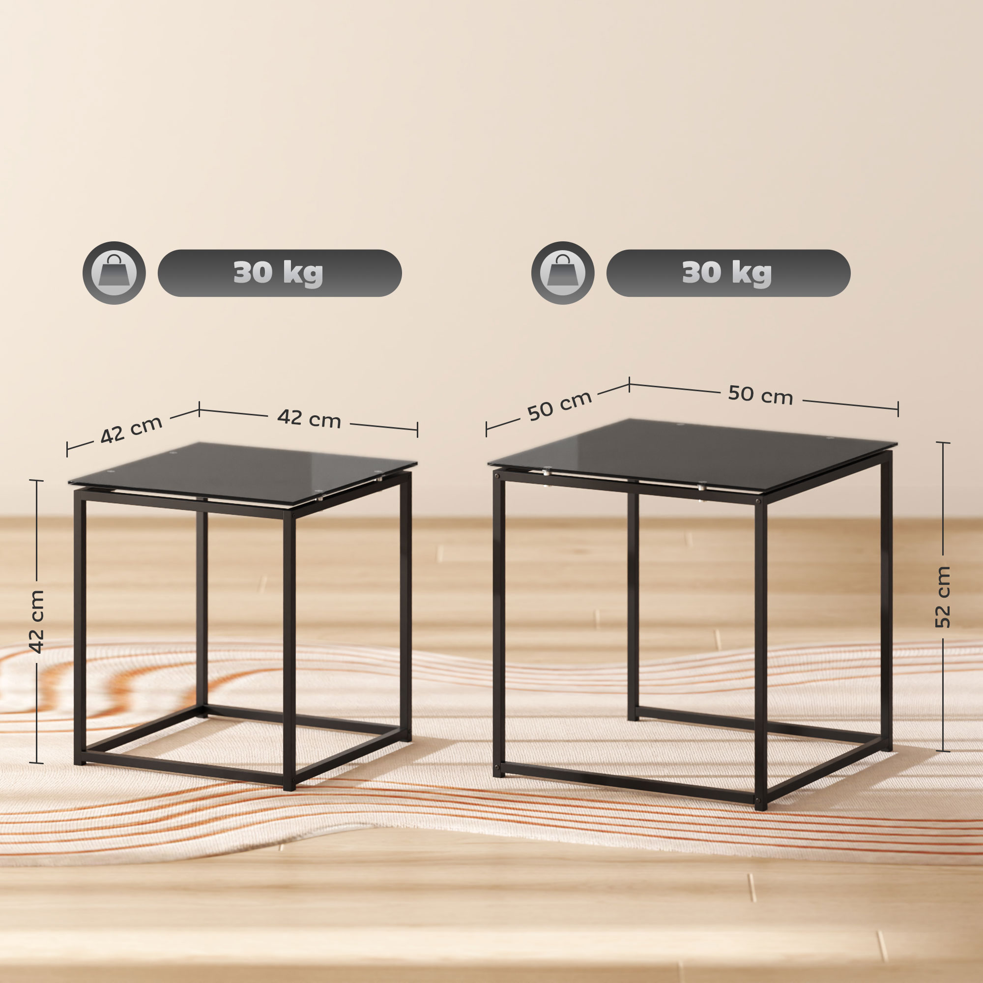 2er-Set Beistelltische, modernes Design, stapelbar, Glastisch, Schwarz