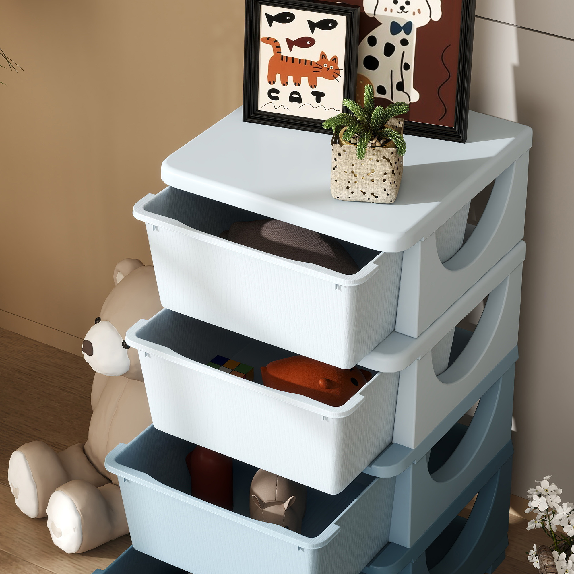 Aufbewahrungsboxen für Kinder, 4 Schubladen, abgerundete Kanten, erhöhtes Design, Kunststoff, Blau
