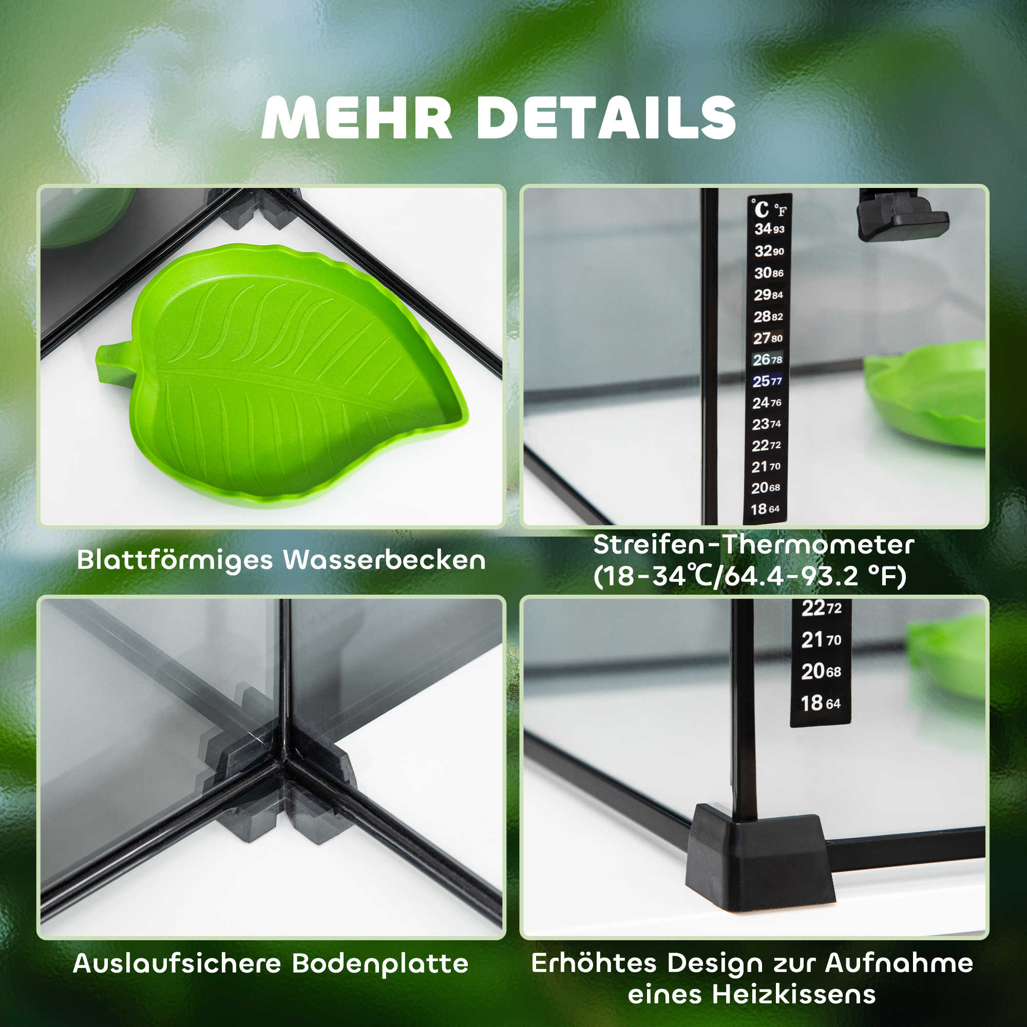Terrarium für Reptilien Reptile Fütterungsbox Glasterrarium Amphibien Spinnentiere mit Thermometer Reptilienzuchtbox Metall Schwarz 50 x 30 x 35 cm