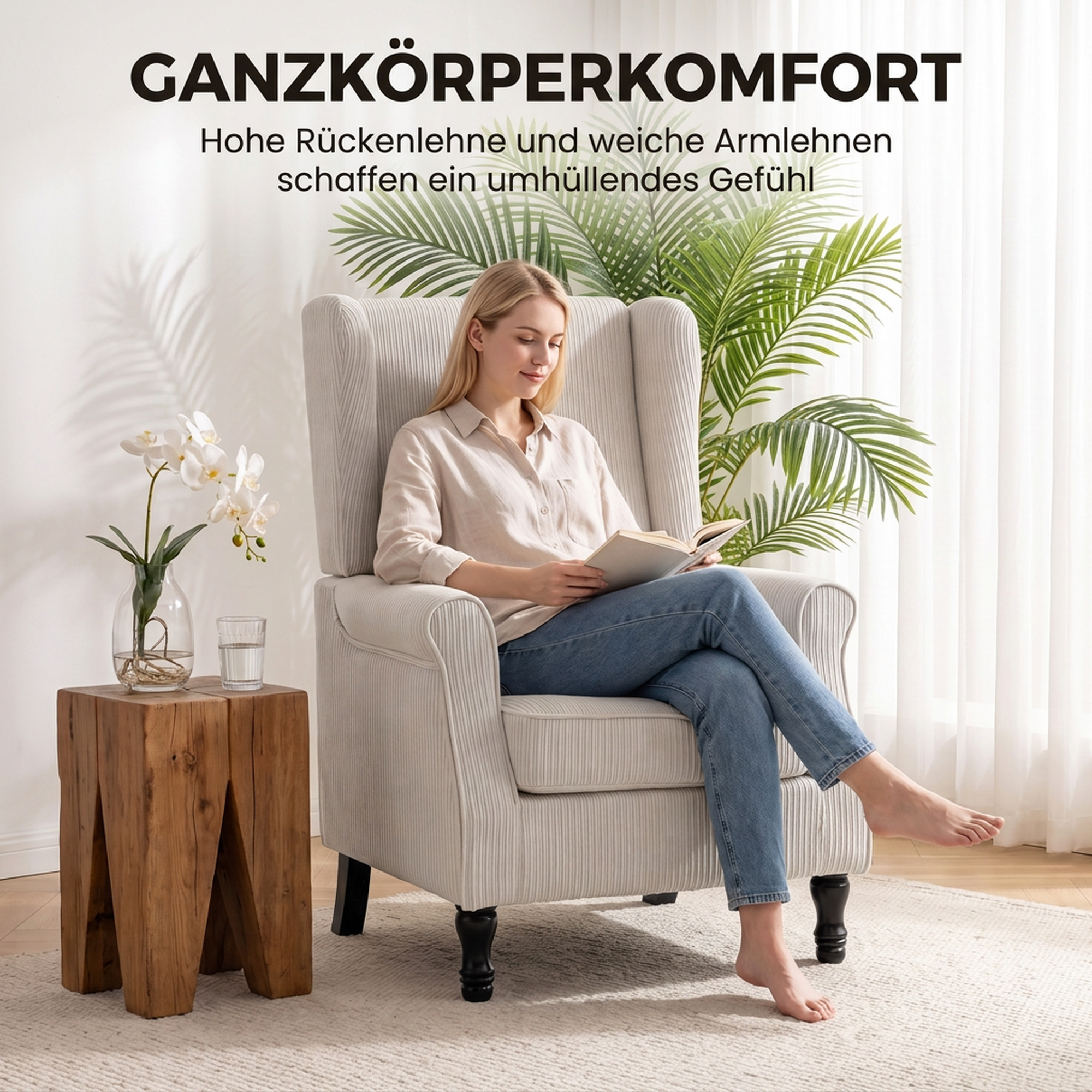 Sessel Ohrensessel mit Armlehnen, Cord-Optik Loungesessel mit Lendenkissen, Hoher Rückenlehne Beige