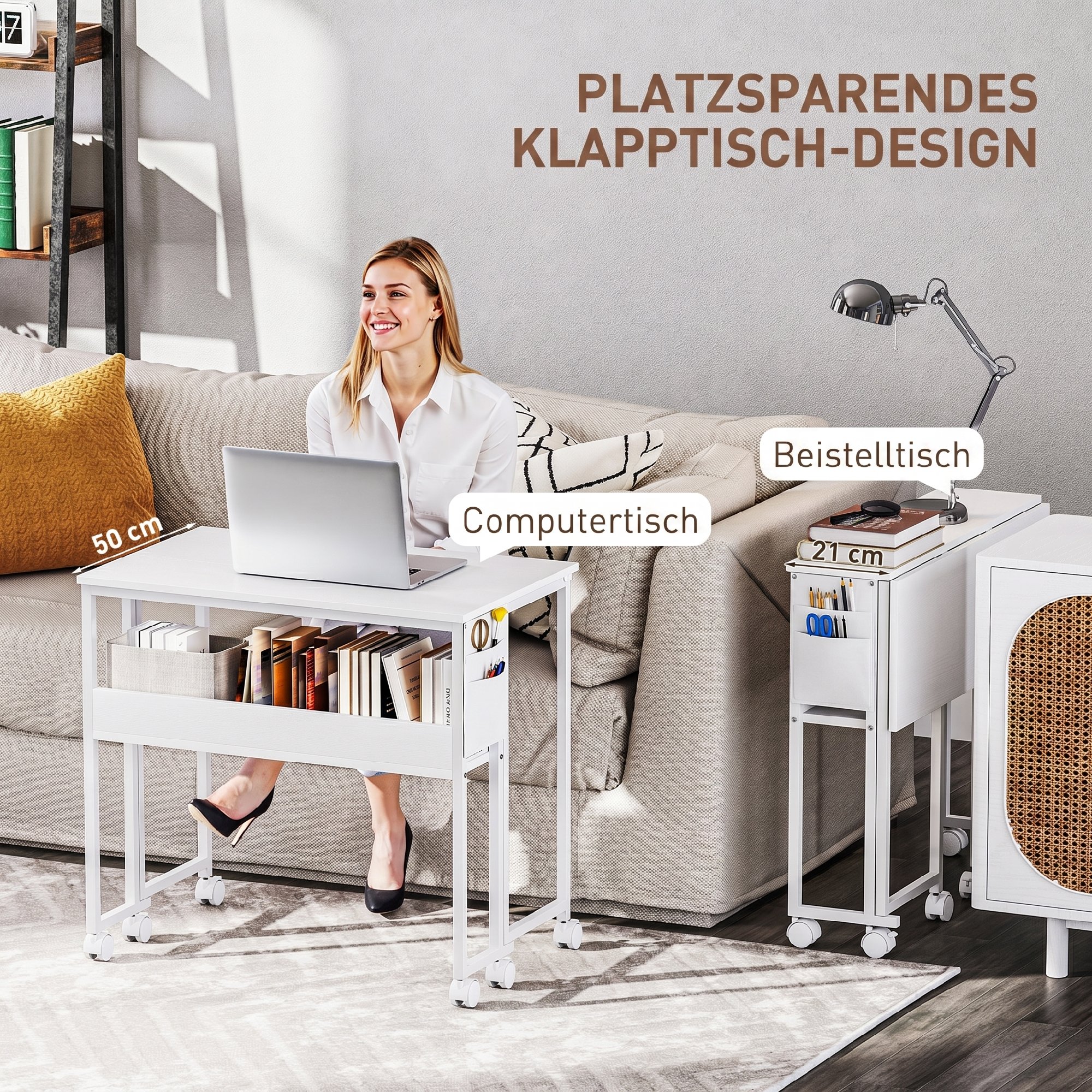 faltbarer Schreibtisch, zum Beistelltisch umwandelbar, offenes Regal, Weiß