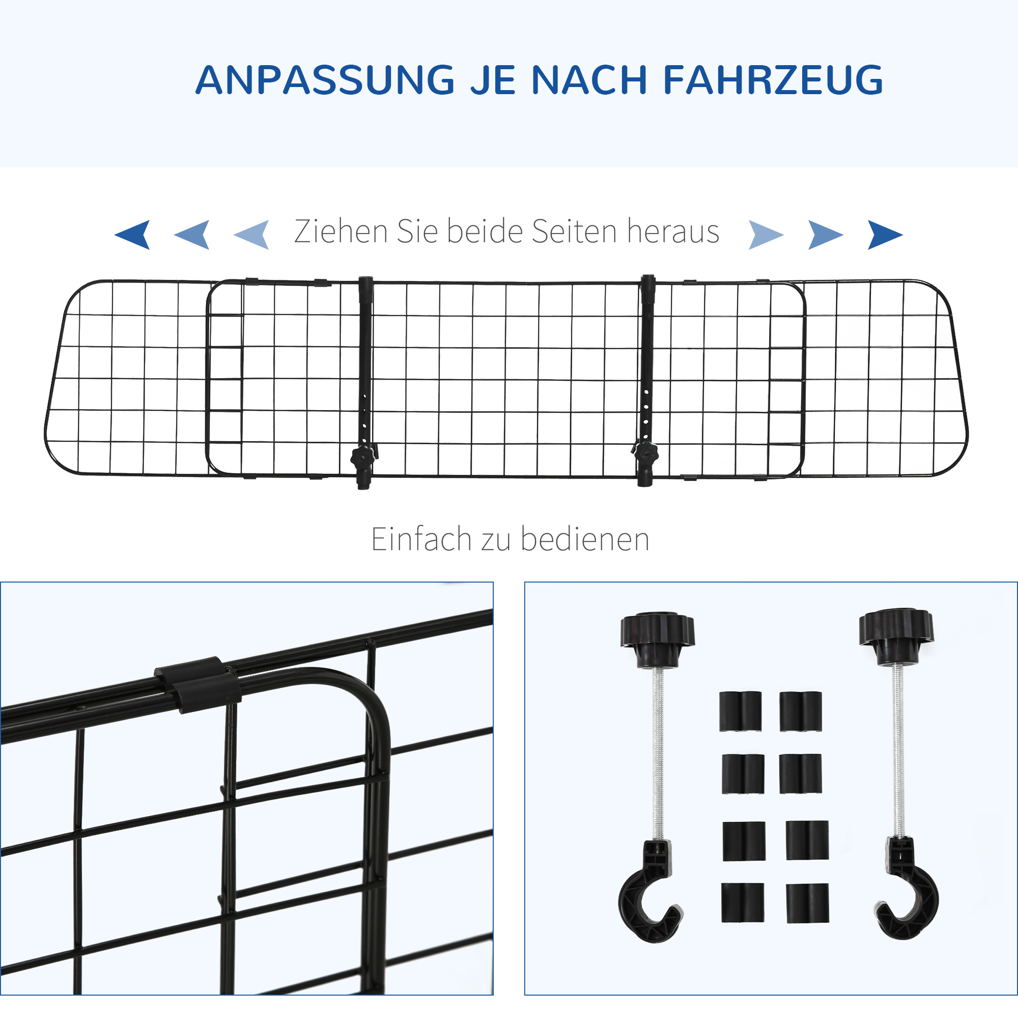 Hundegitter Auto Universal  Autoschutzgitter für Hunde mit Stufenlos Verstellbare Breite, Trenngitter für Kofferraum Hunde Autogitter Hundeschutzgitter Schutzgitter 91-152 x 30 cm