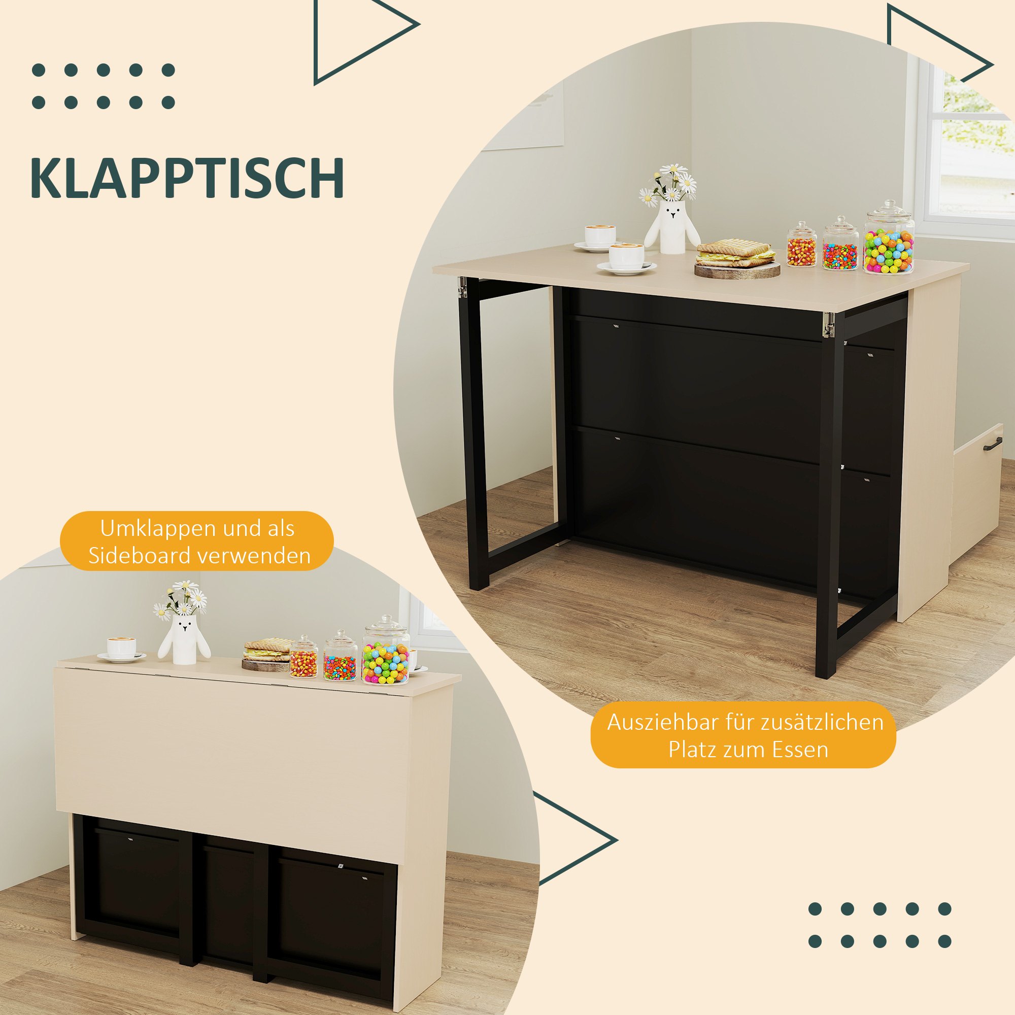 3-tlg, Barset, Bartisch mit klappbarer Tischplatte, 2 Barhocker, 6 Staufächer, schwarz+Eiche, 116 x 70 x 89,5 cm