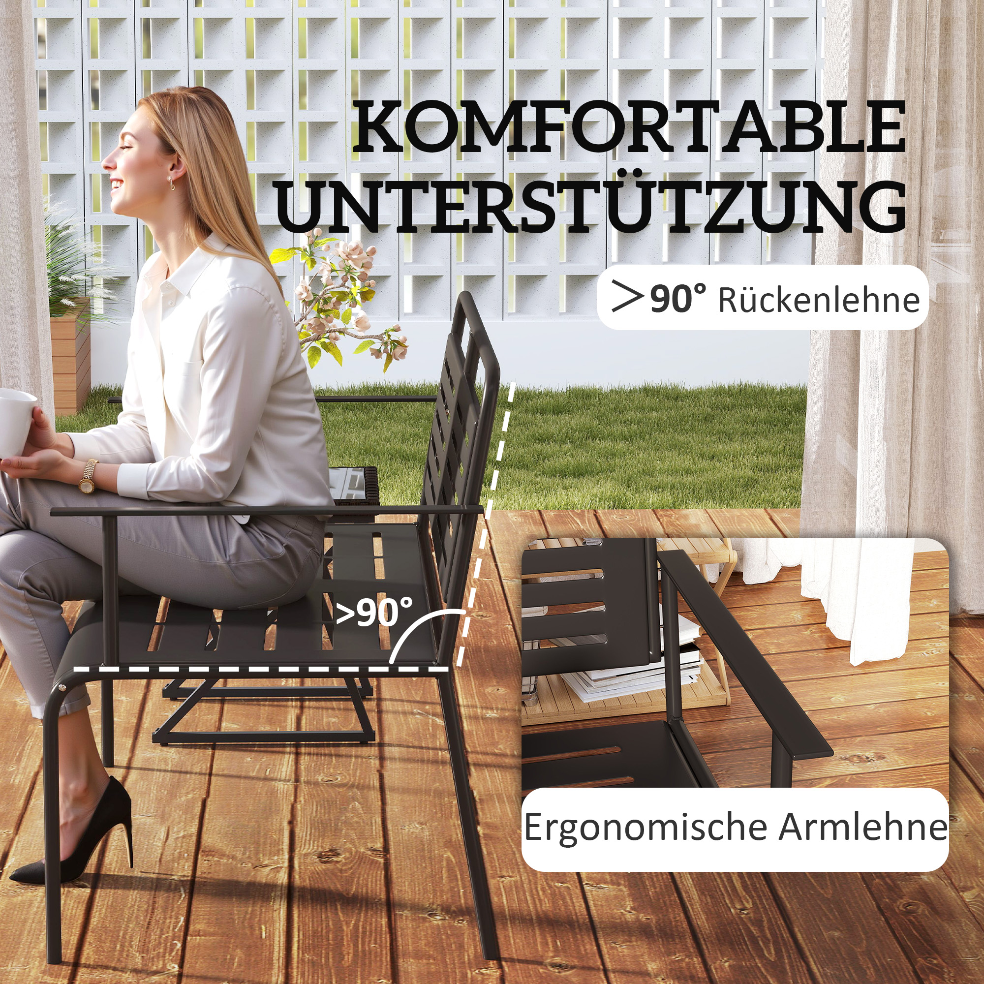 Gartenbank, wetterfest Sitzbank, wasserabweisend Gartenmöbel mit Rücken- & Armlehnen 121 x 64 x 84cm, Schwarz