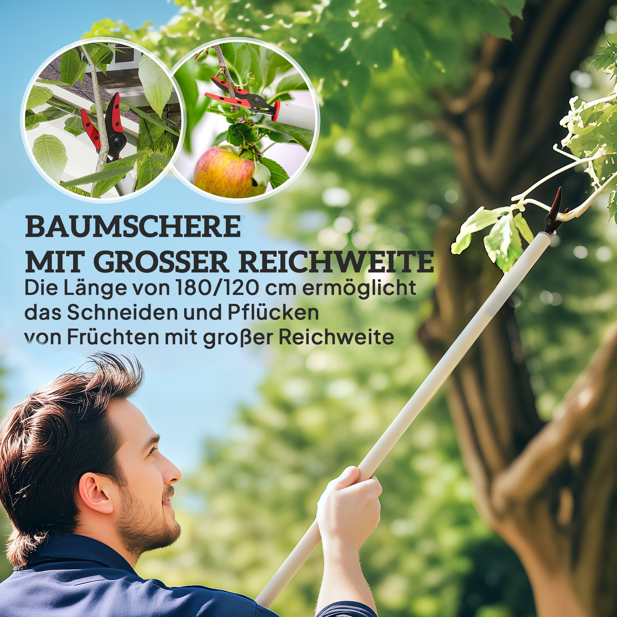 1,2 m Baumschere, Astscheren zum Schneiden, Gartenschneider mit Aluminiumgriff, Langstielige Gartenschere, Rot