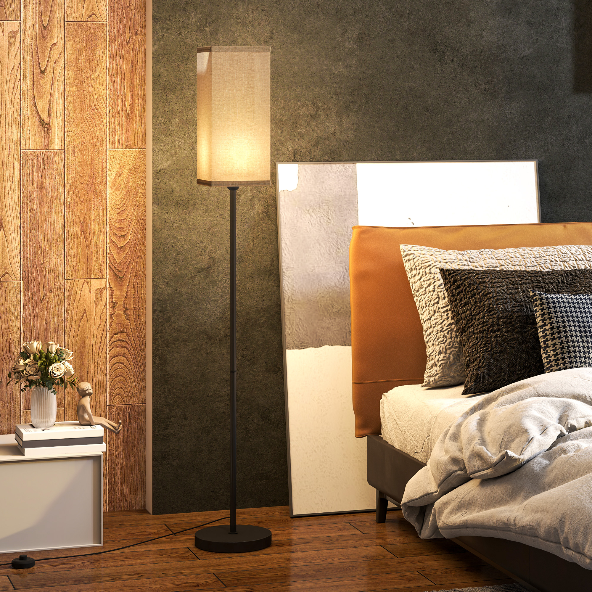 Moderne Stehlampe mit Kunstleinen-Schirm und Fußschalter, für Wohnzimmer und Schlafzimmer, Metall, Schwarz