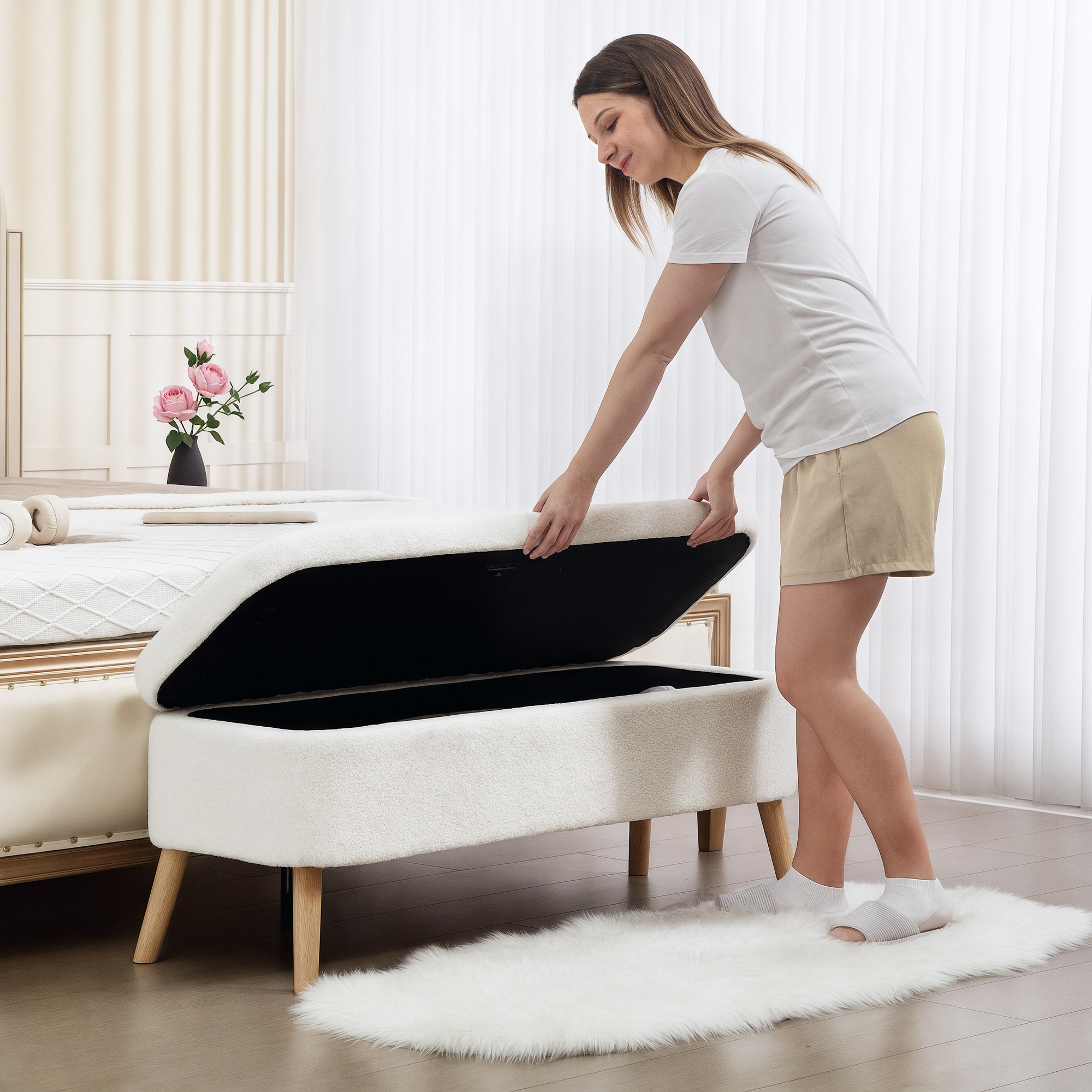 Aufbewahrungshocker, Sitzhocker mit 65 L Stauraum, Fußhocker, Fleece-Stoff, Kautschukholz, Schaumstoff, 120 x 42 x 45 cm, Cremeweiß