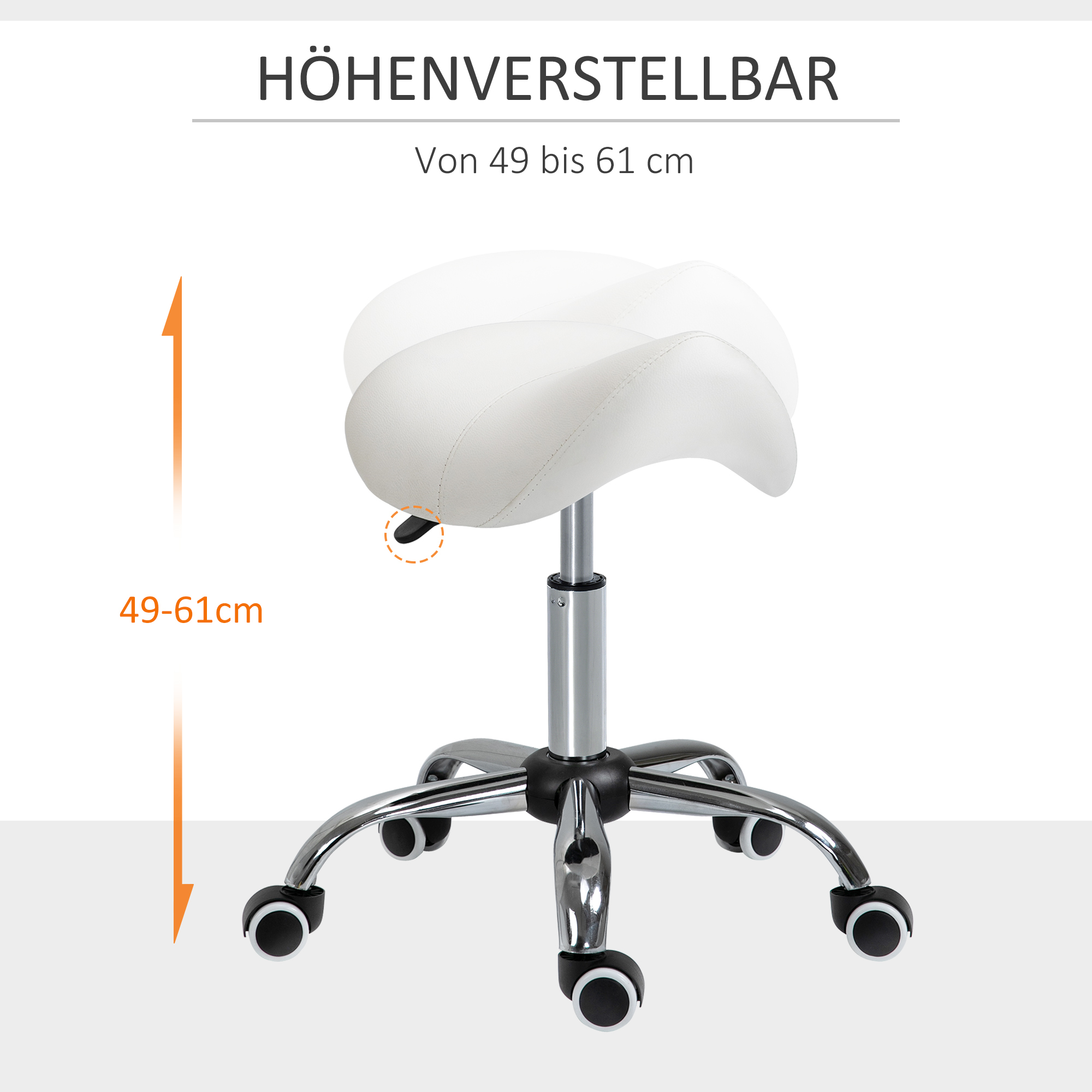 Rollhocker höhenverstellbar Drehhocker 49-61 cm Arbeitshocker drehbar Sattelhocker für Büro Salon Massage Spa Weiß