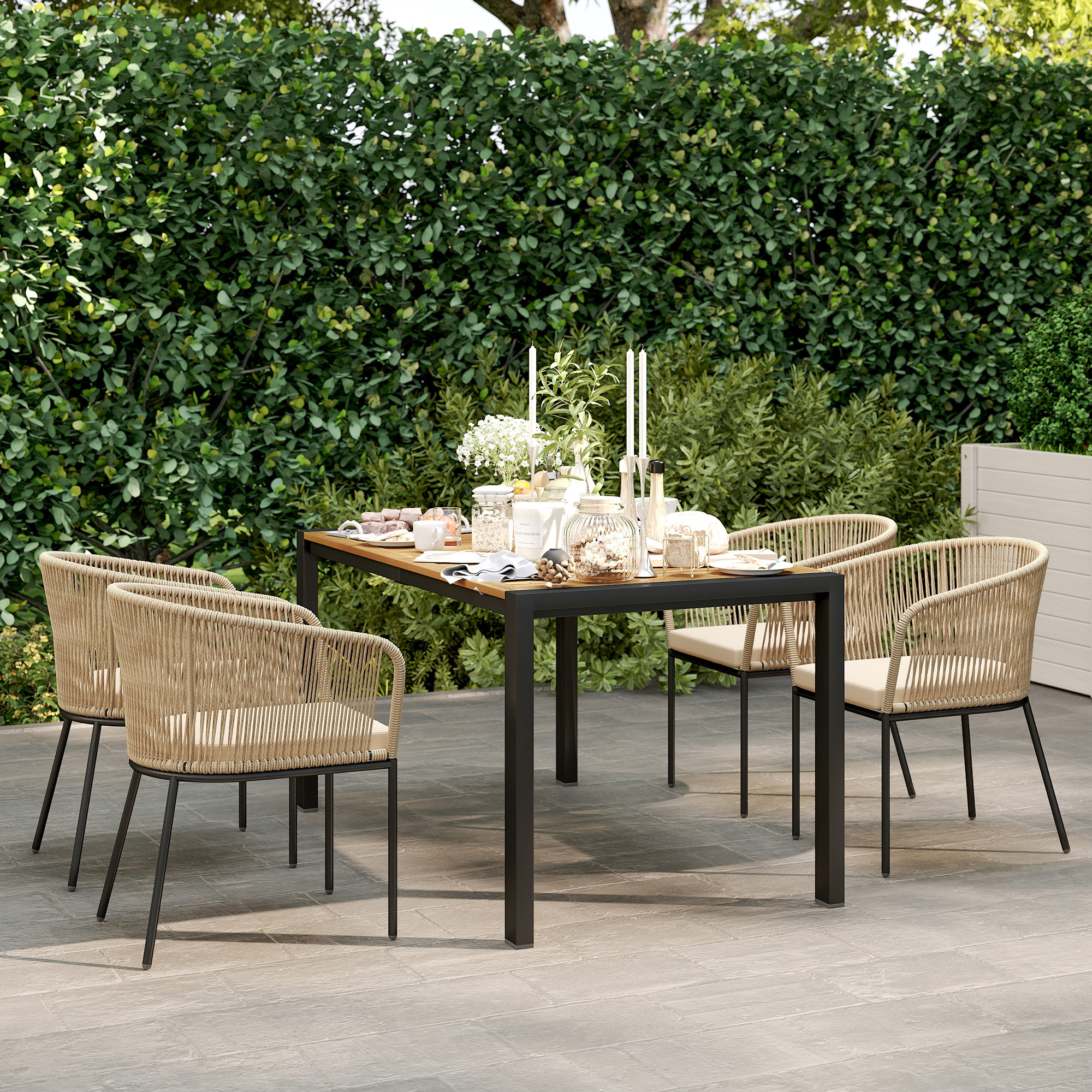 5-teiliges Gartenmöbel-Set, 4 Stühle, 1 Tisch, Kunst-Rattan, Stahlgestell, waschbare Kissen, für Terrasse, Khaki