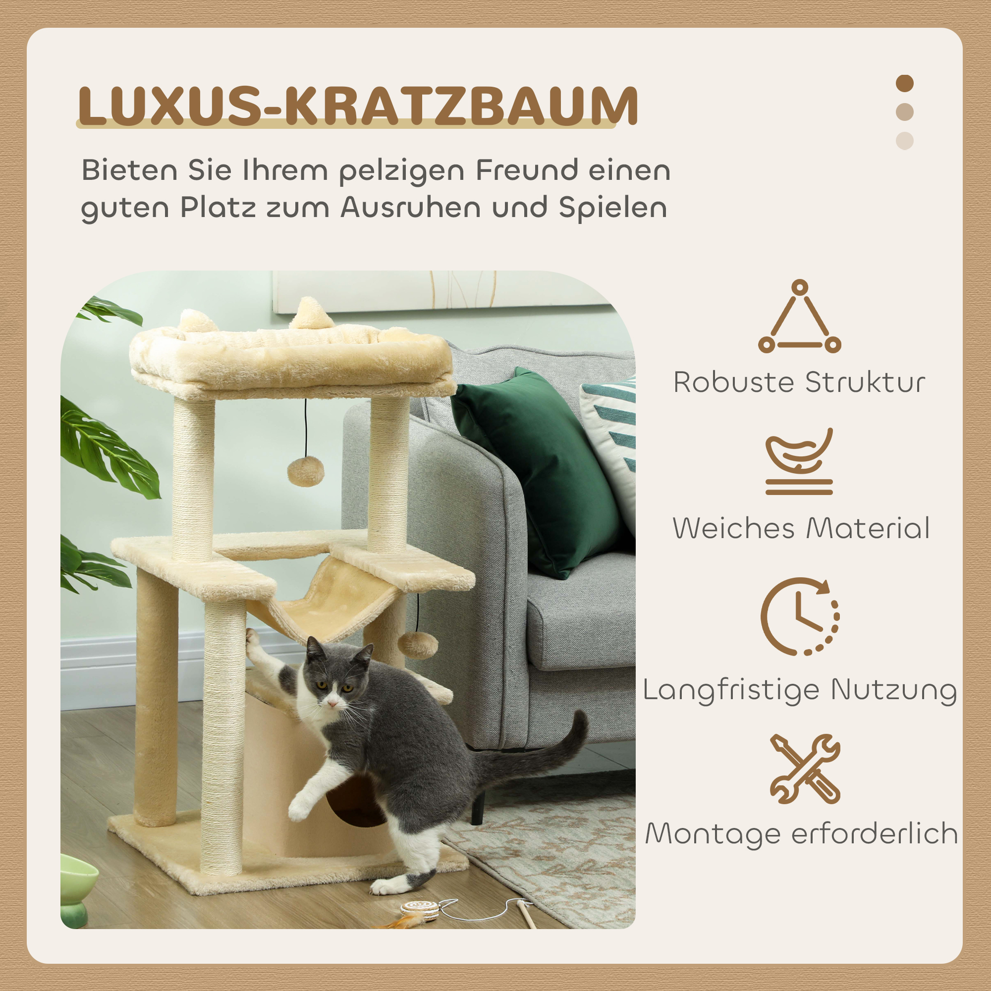 Katzenbaum, Kratzbaum mit Spielzeug, Sitzstange, Hängematte, 48 x 48 x 90 cm, Creme