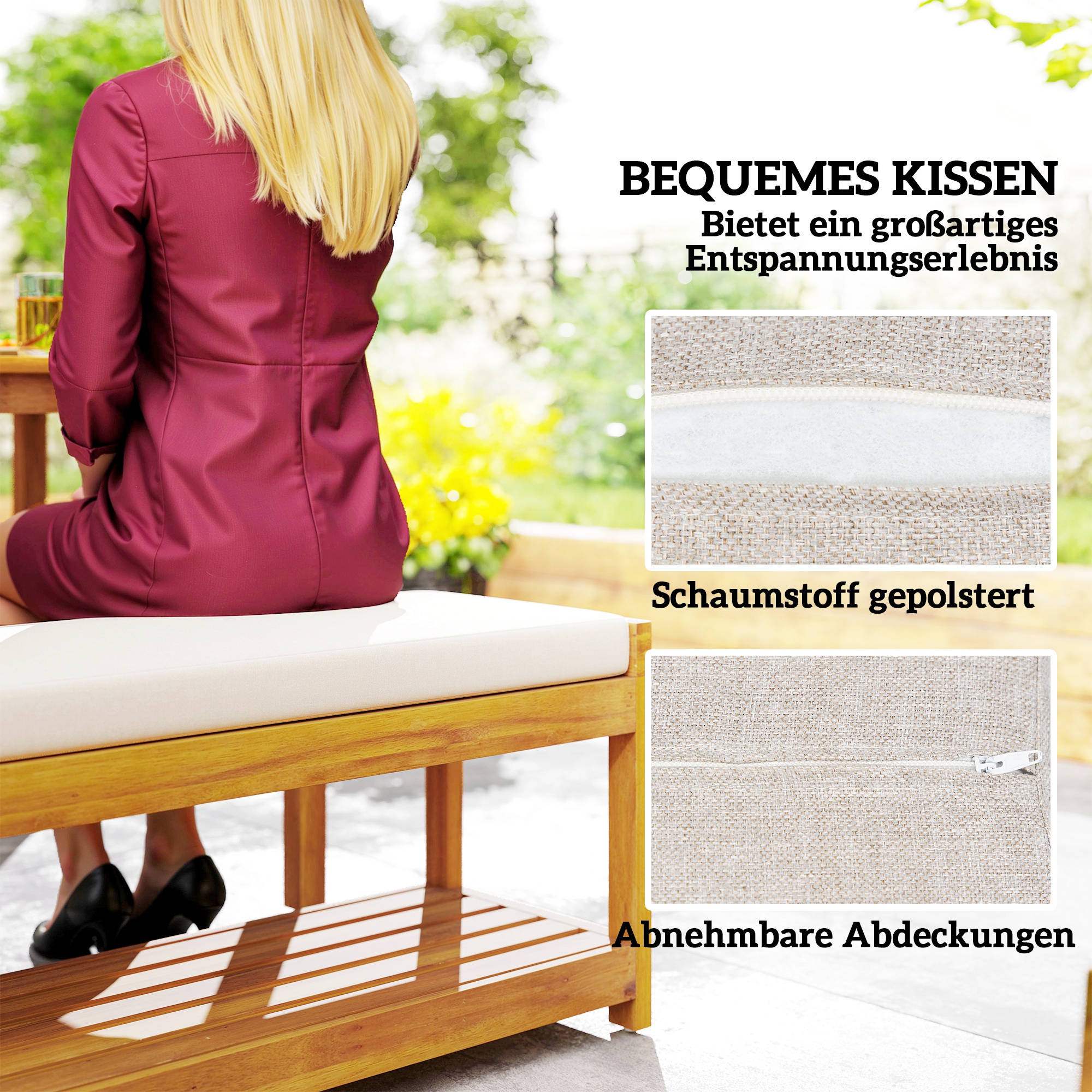 3 tlg, Gartenmöbel-Set, Sitzgarnitur inkl, 1 Esstisch mit Schirmloch, 2 Bänke 150 x 85 x 75 cm Teak