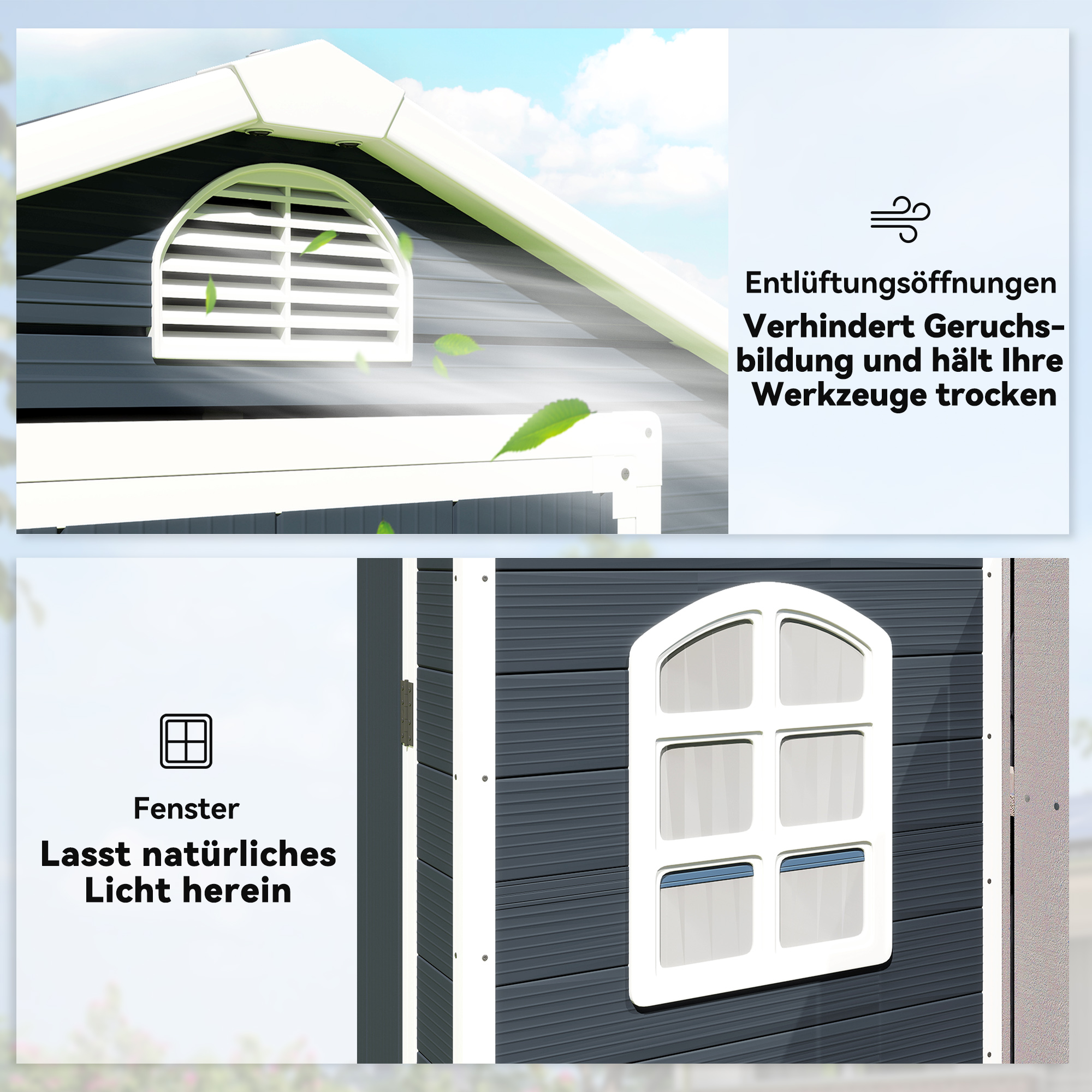 Gerätehaus Kunststoff 1,9m² 134x104x204cm Geräteschuppen mit Satteldach Tür wetterfest Gartenhaus Outdoor Garten Schuppen Schrank für Hinterhof Außenbereich Dunkelgrau
