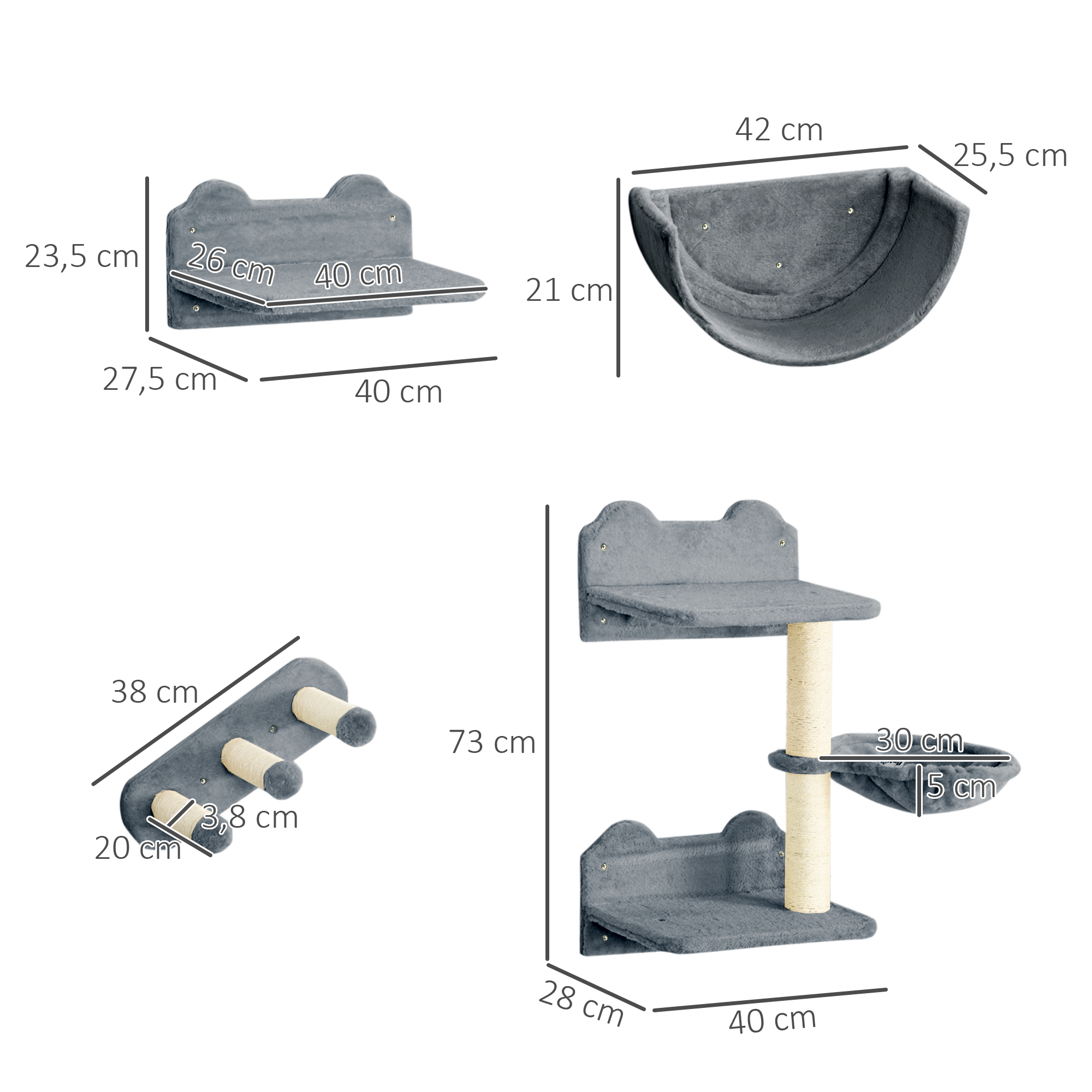 Kletterwand-Set für Katzen, Hängematte, Kratzbrett, Sprungplattformen, Plüsch, Sisal, Grau