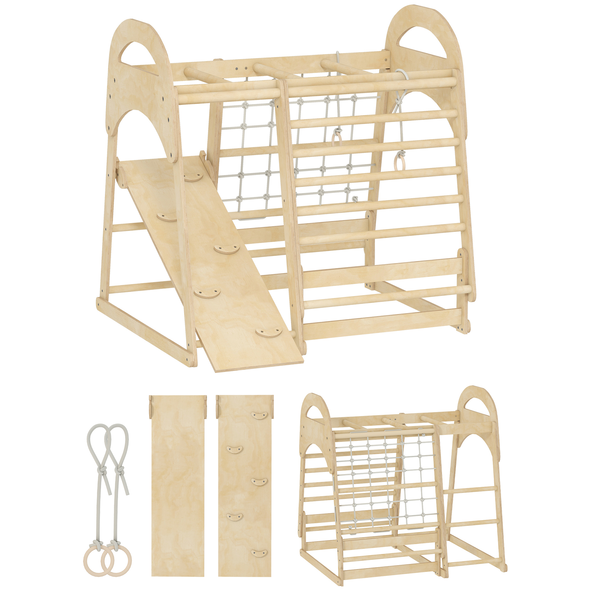 Indoor-Klettergerüst, 6-in-1 Design, Rutsche, Kletterstangen, Kletterwand, Leiter, Kletternetz, 3-6 Jahre, Holz