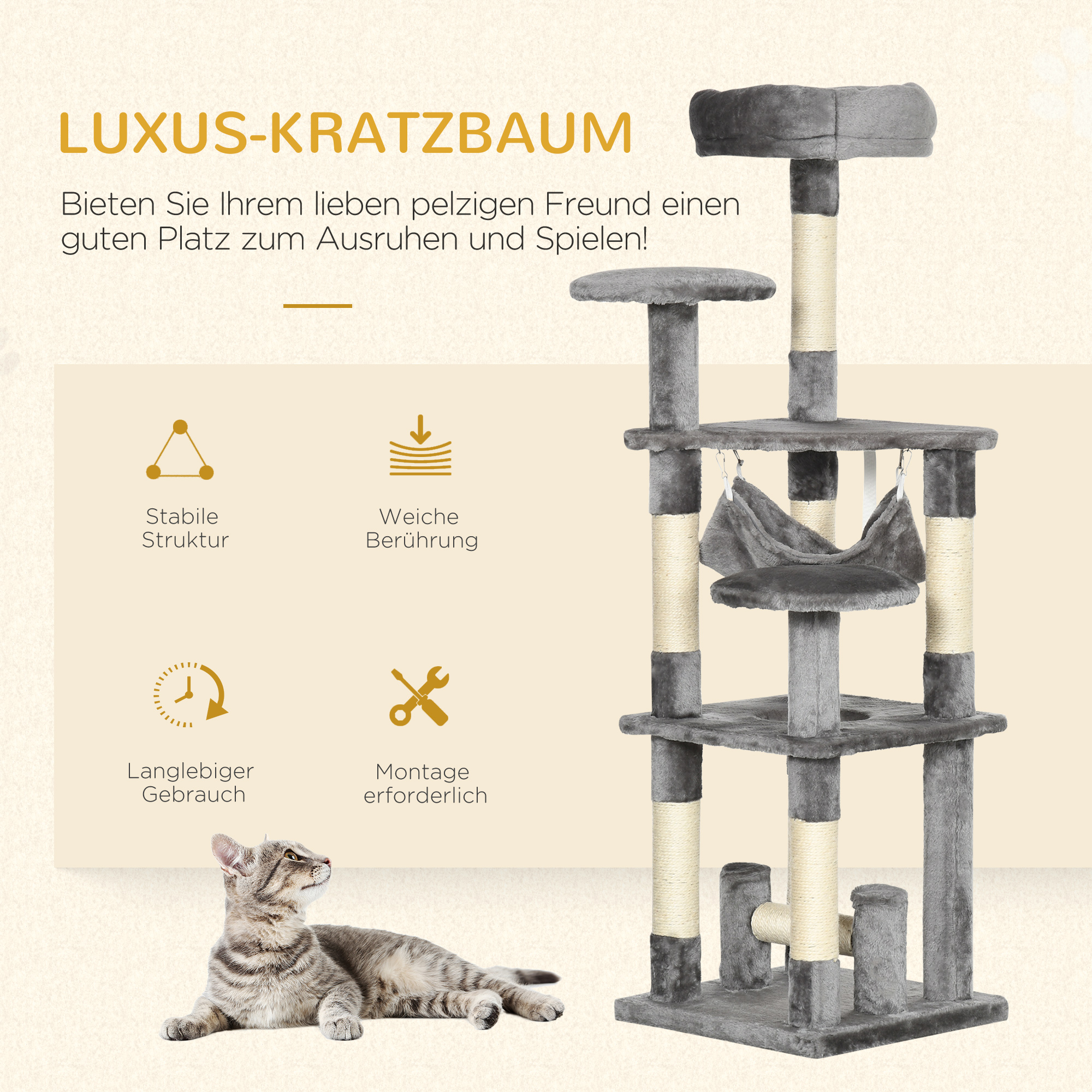 Katzenbaum Katzenkratzbaum Katzenspielturm Katzen Kletterbaum Kratzbaum Hängematte Grau L40 x B40 x H132 cm