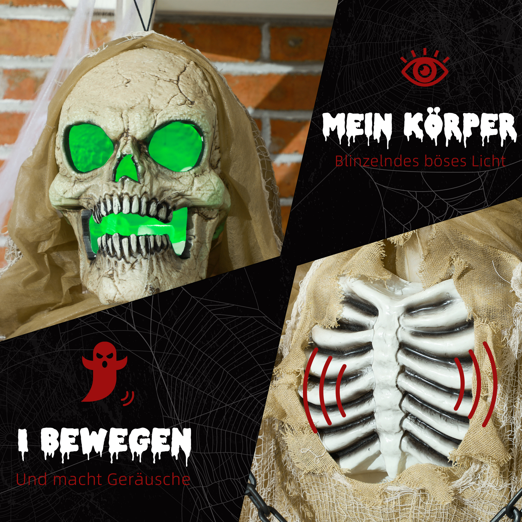 Halloweendekoration, Hängendes Skelett, leuchtender Kopf, unheimliches Heulen, biegsame Arme, Khaki
