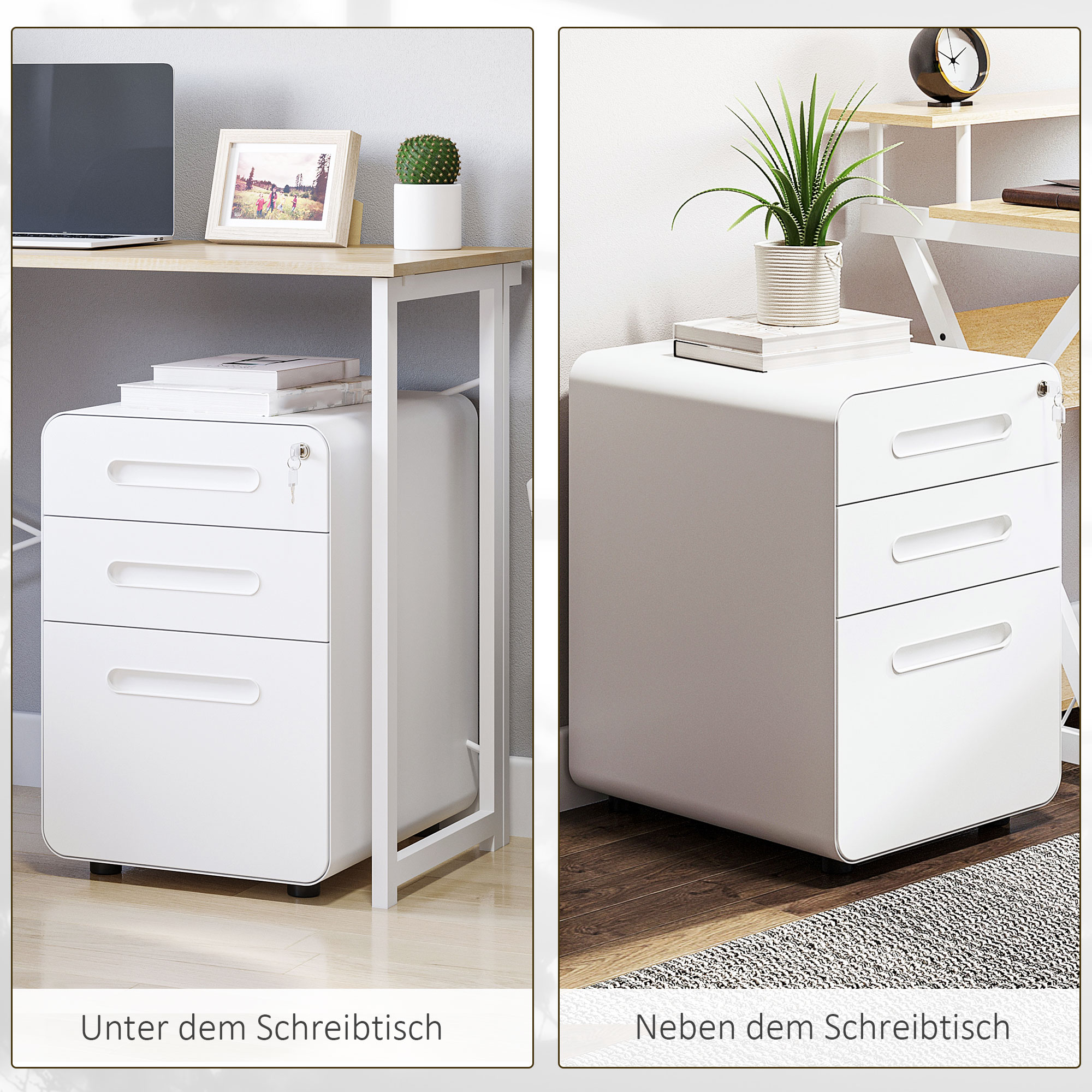 Rollcontainer, Aktenschrank, Bürocontainer mit 3 Schubladen, Büroschrank, Aufbewahrung, Container, Stahl, Weiß, 39 x 48 x 59 cm