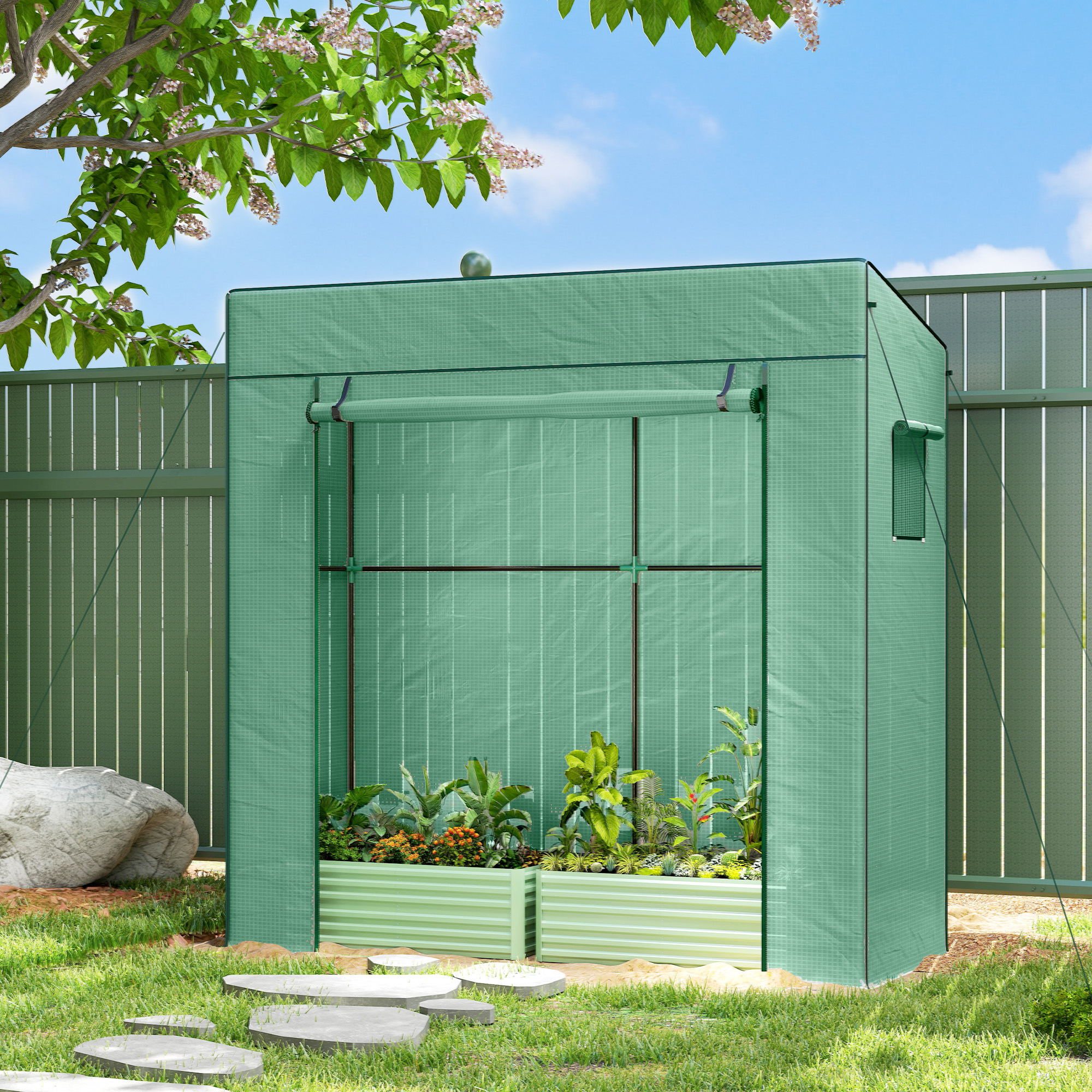 Tomatengewächshaus Foliengewächshaus mit Rolltor Mesh-Fenster Schrägdach 196 x 77 x 197 cm Grün