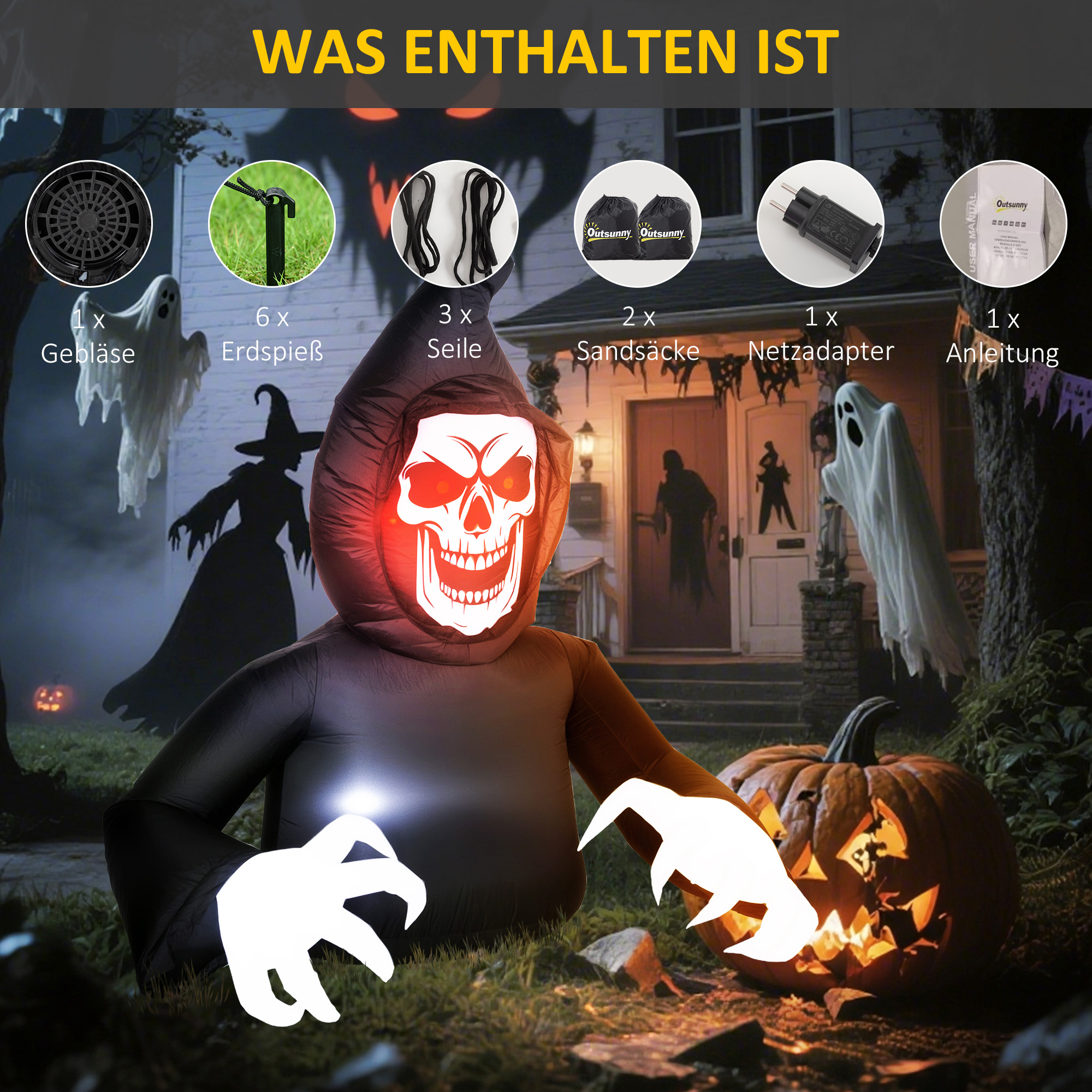 Aufblasbare Halloween-Dekoration, Sensenmann, LED-Leuchten, Gebläse, Kabel