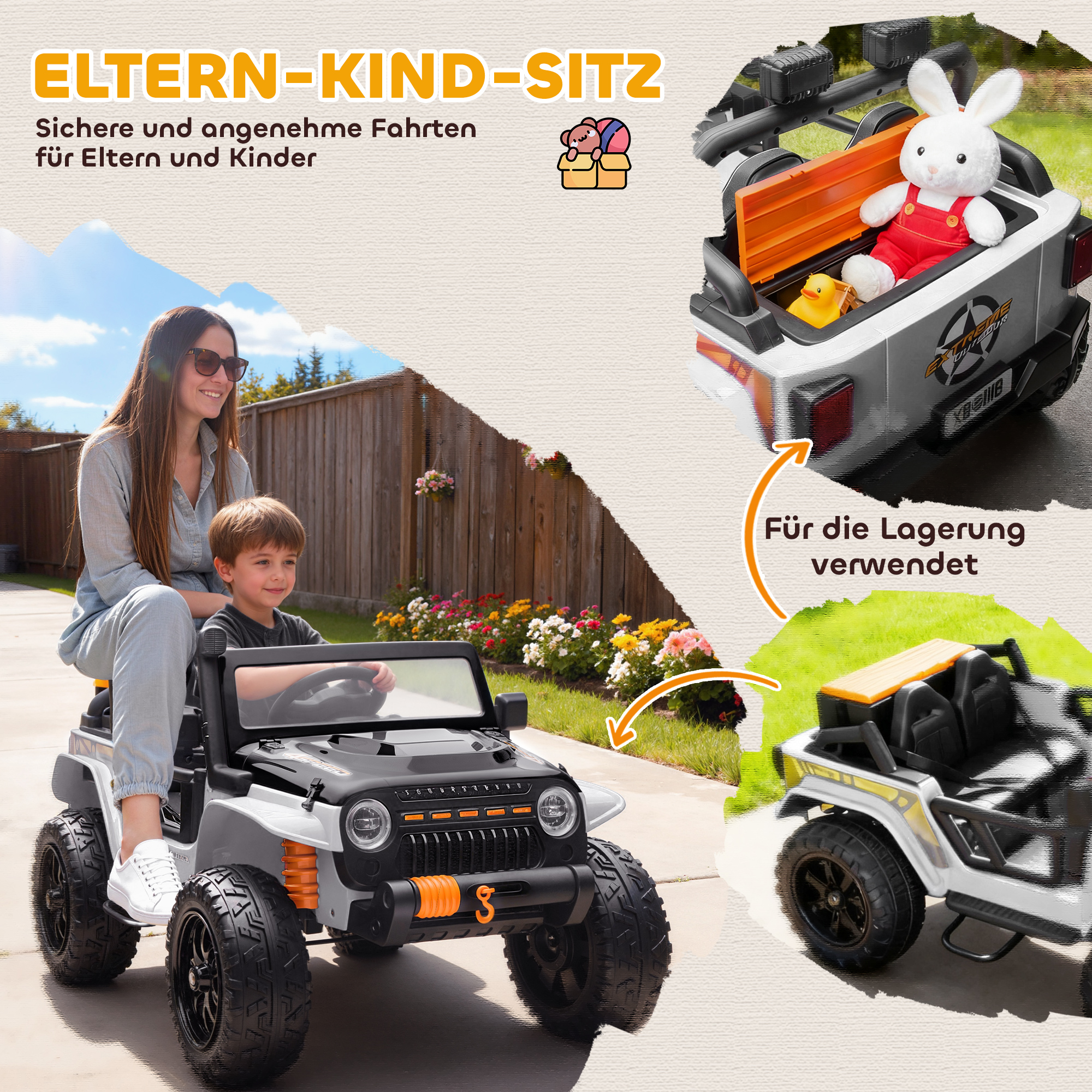 Elektrofahrzeug für Kinder, 12V Batterie, mit Eltern-Kind-Sitz, fernsteuerbar, Musik, Hupe, LED-Lichter, 3-8 Jahre, Weiß