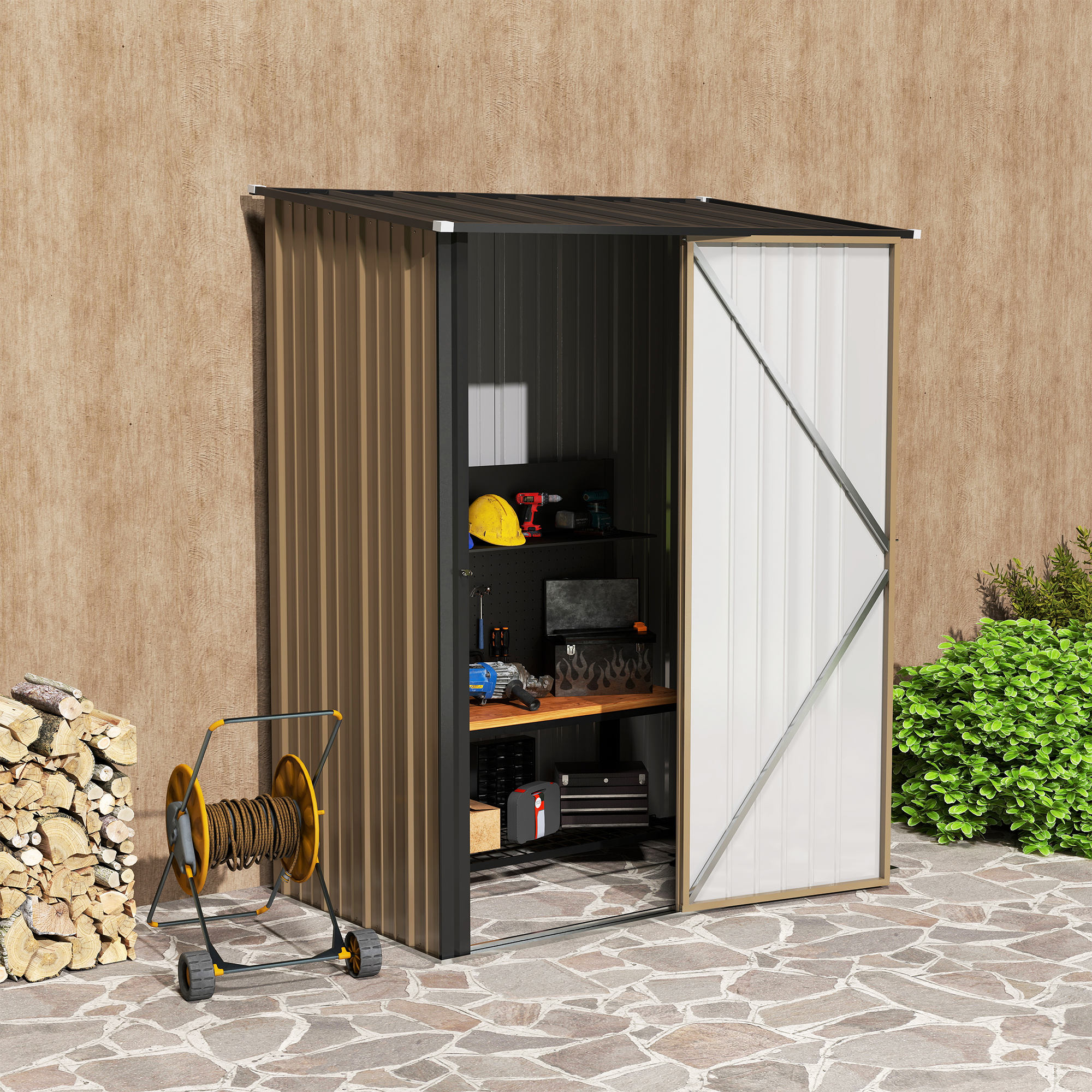 Gerätehaus 1,34 m² Geräteschrank mit Pultdach abschließbar Gartenhaus Geräteschuppen aus verzinkter Stahl 161,5 x 94,5 x 196 cm Braun