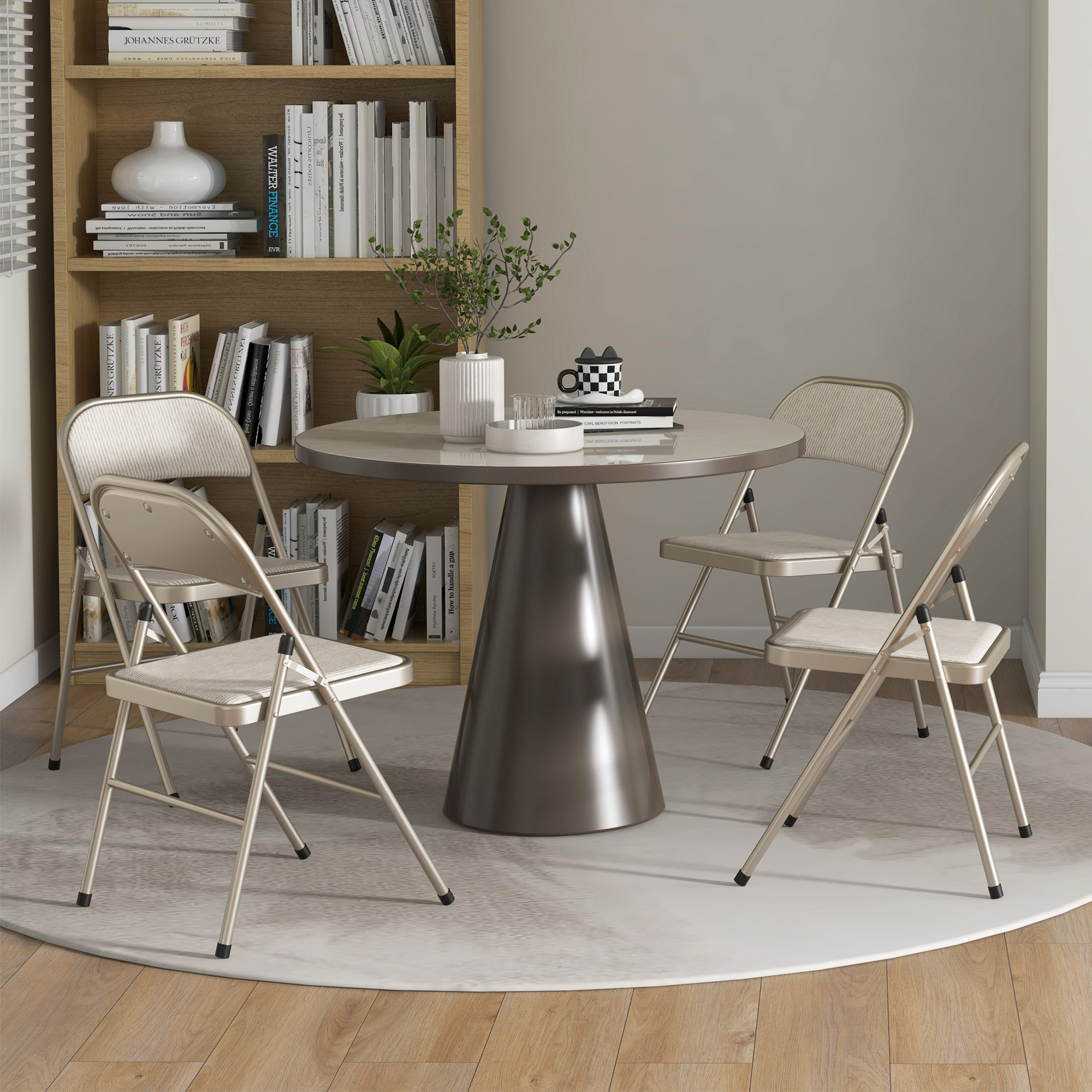 4er-Set Klappstühle, Tragbare Bürostühle, Stahlbeine, Faltstuhl für Büro, Empfang, Wartezimmer, Leinenoptik Beige