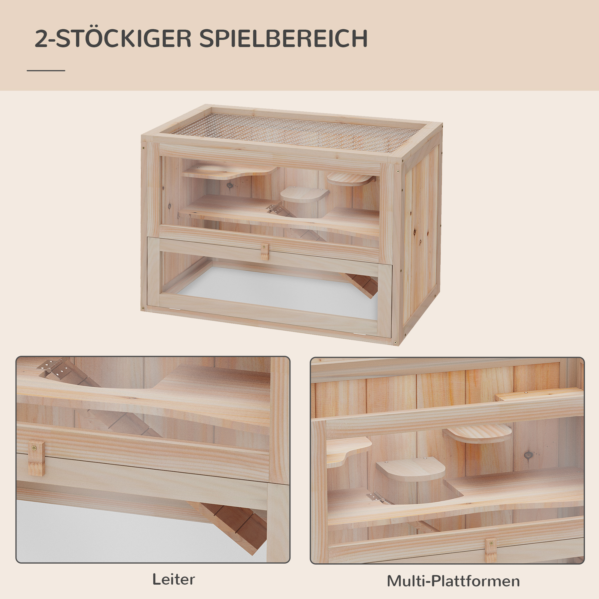 Hamsterkäfig aus Holz 2 Etagen 60 x 35 x 42 cm Nagerkäfig Kleintierkäfig mit aufklappbarem Gitterdach Trinkflasche Rampe Wippe Fütterungsstation Mäusekäfig für Zwerghamster Naturholz