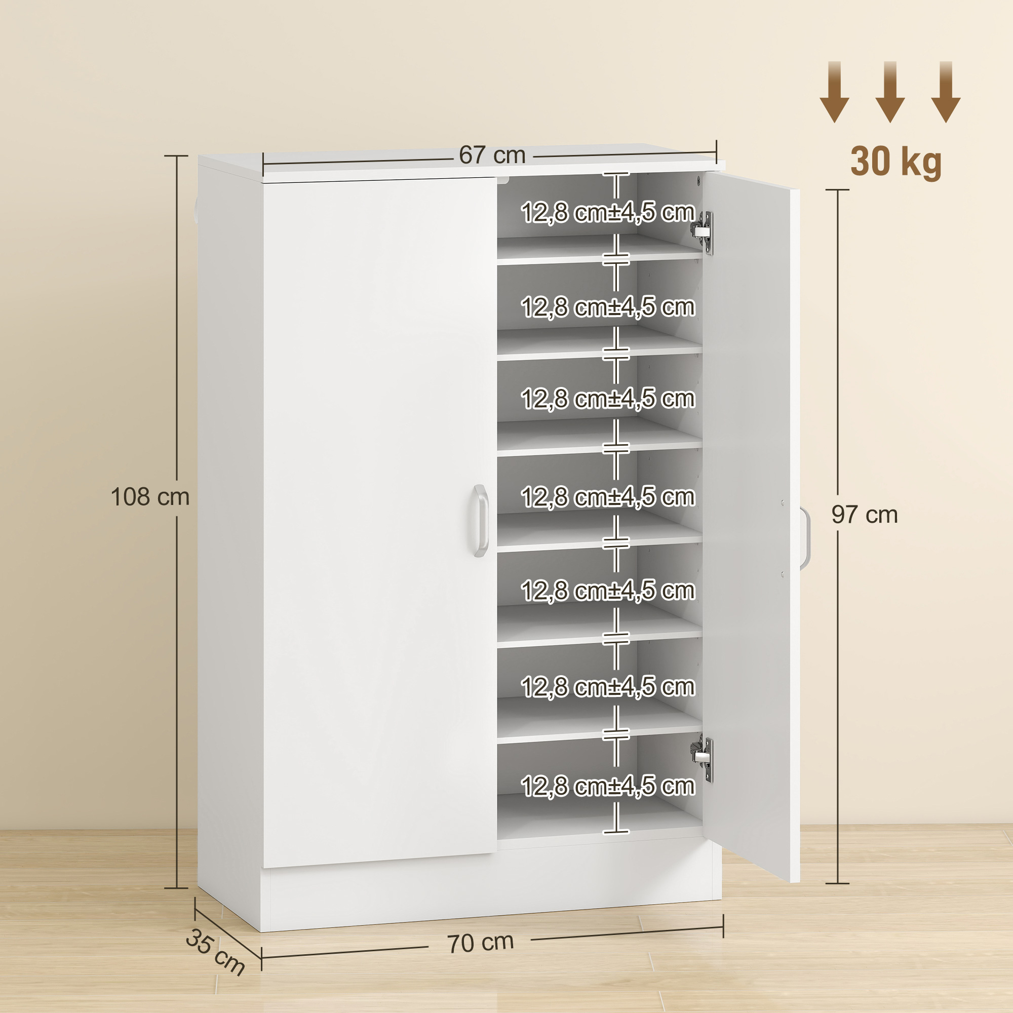 Schuhschrank mit 2 Türen, 6 verstellbare Regalböden, Soft-Close-Scharniere für 21 Paar, Weiß