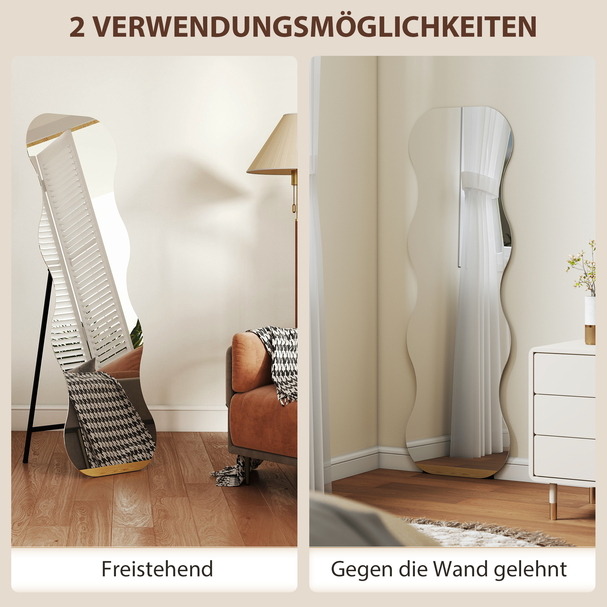 Ganzkörperspiegel ohne Rahmen, Holzbasis, flexibel platzierbar, Wellenform, Schwarz