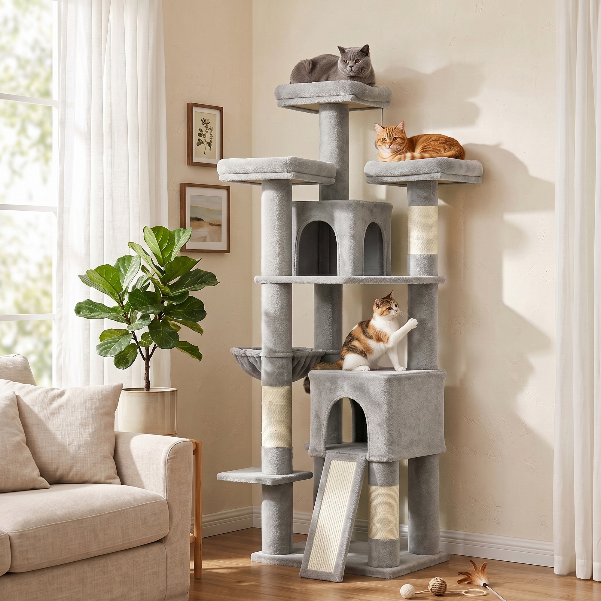 Kratzbaum Groß 184 cm hoch Katzenbaum mit 3 Kratzstämmen Liegeflächen Spielball Hängematte Leiter, Katzen unter 6 kg