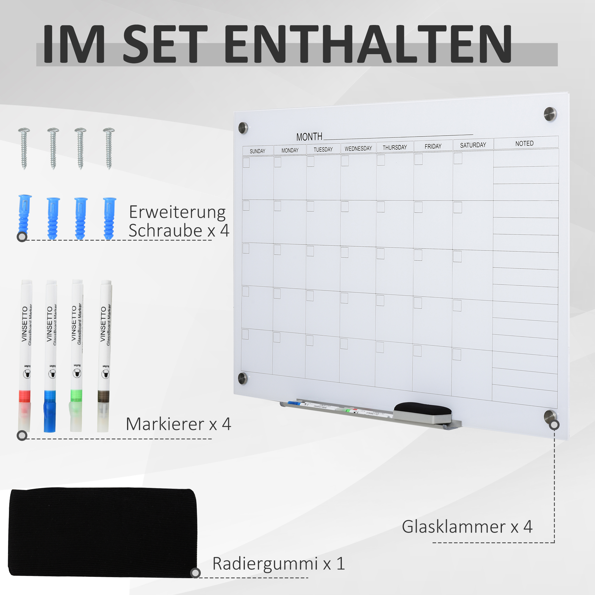 Whiteboard Whiteboard Kalender für Organisation Ferienpläne und Monatsplanungen inkl, 1 Stifthalter, 4 Marker & Radierer 90 x 60 cm