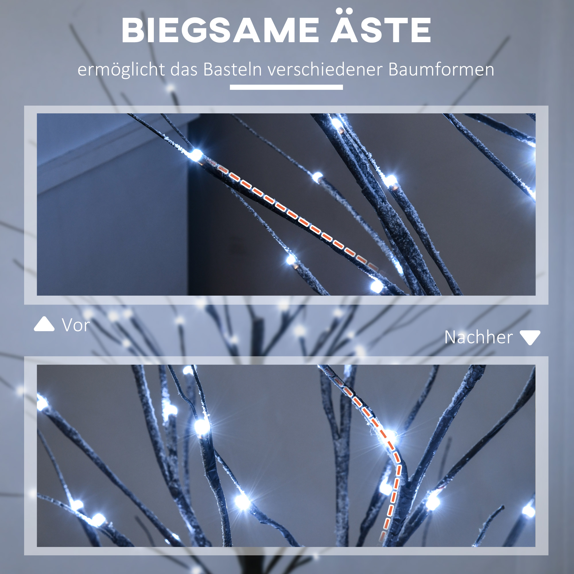 Künstliche Birke mit LED-Beleuchtung, 96 warmweiße Mikro-LEDs, 150 cm, Braun