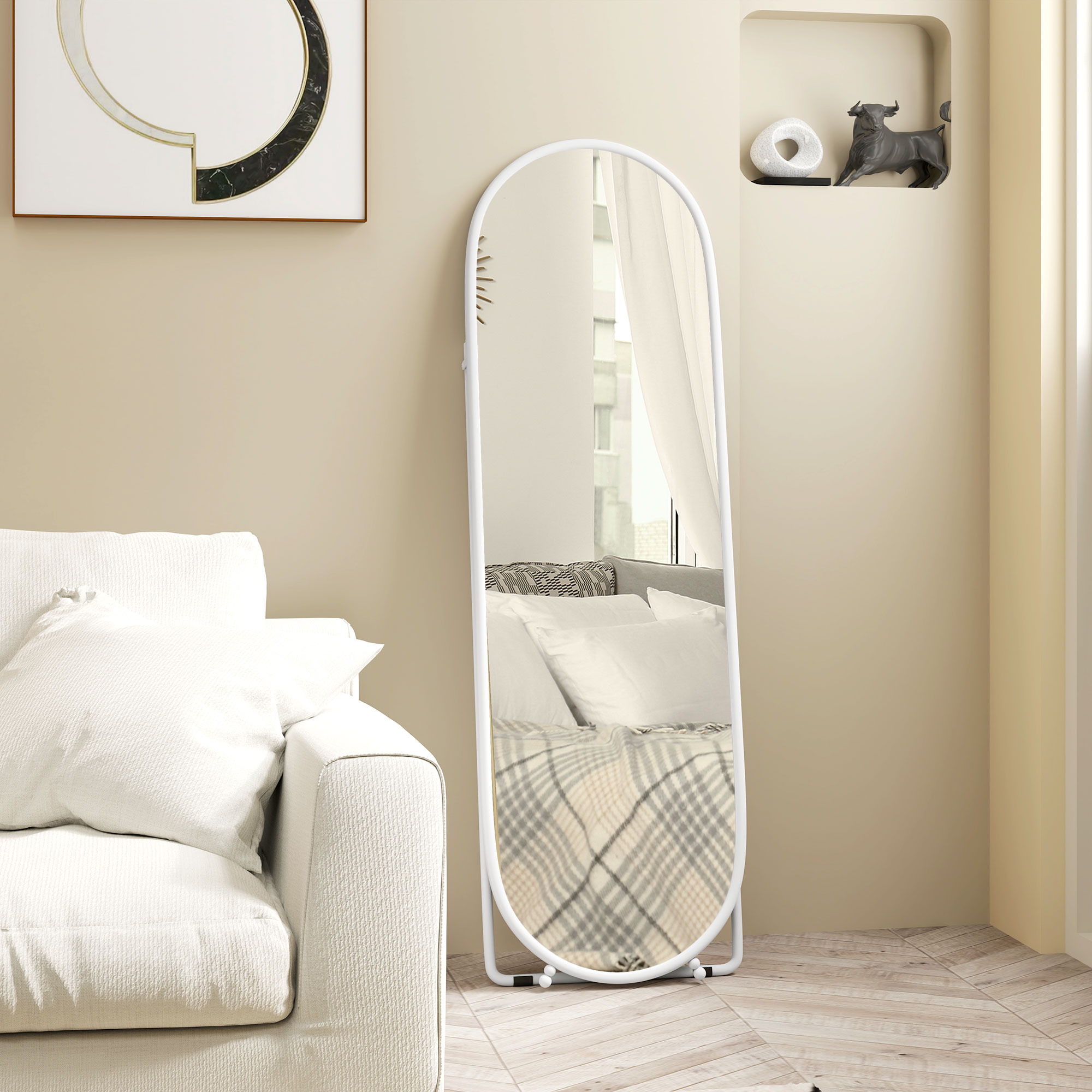 Ganzkörperspiegel, ovale Form, freistehend, Metallrahmen, 40x160cm, Farbe: Weiß
