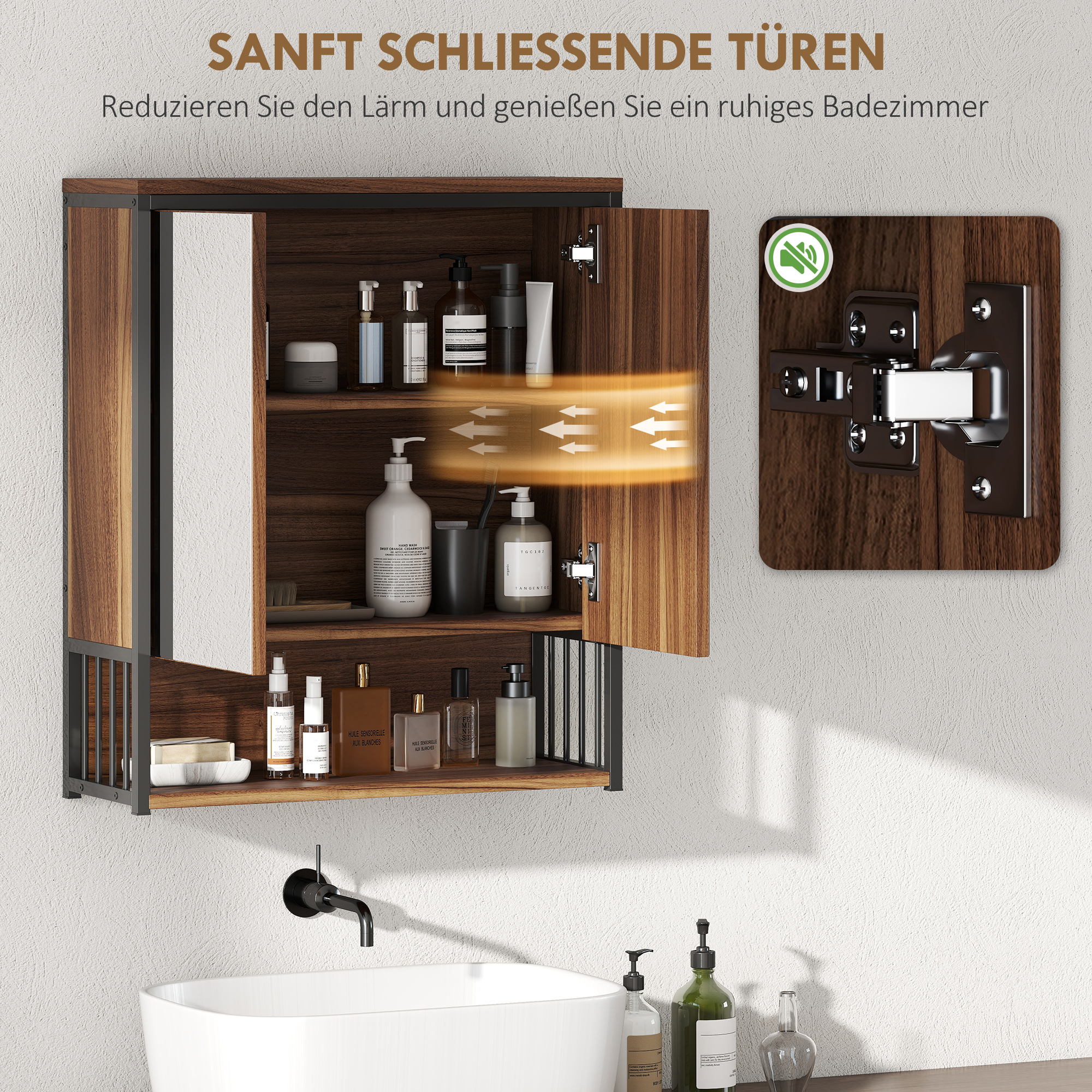Hängender Spiegelschrank für Badezimmer, Badschrank aus MDF, Spanplatte, Braun