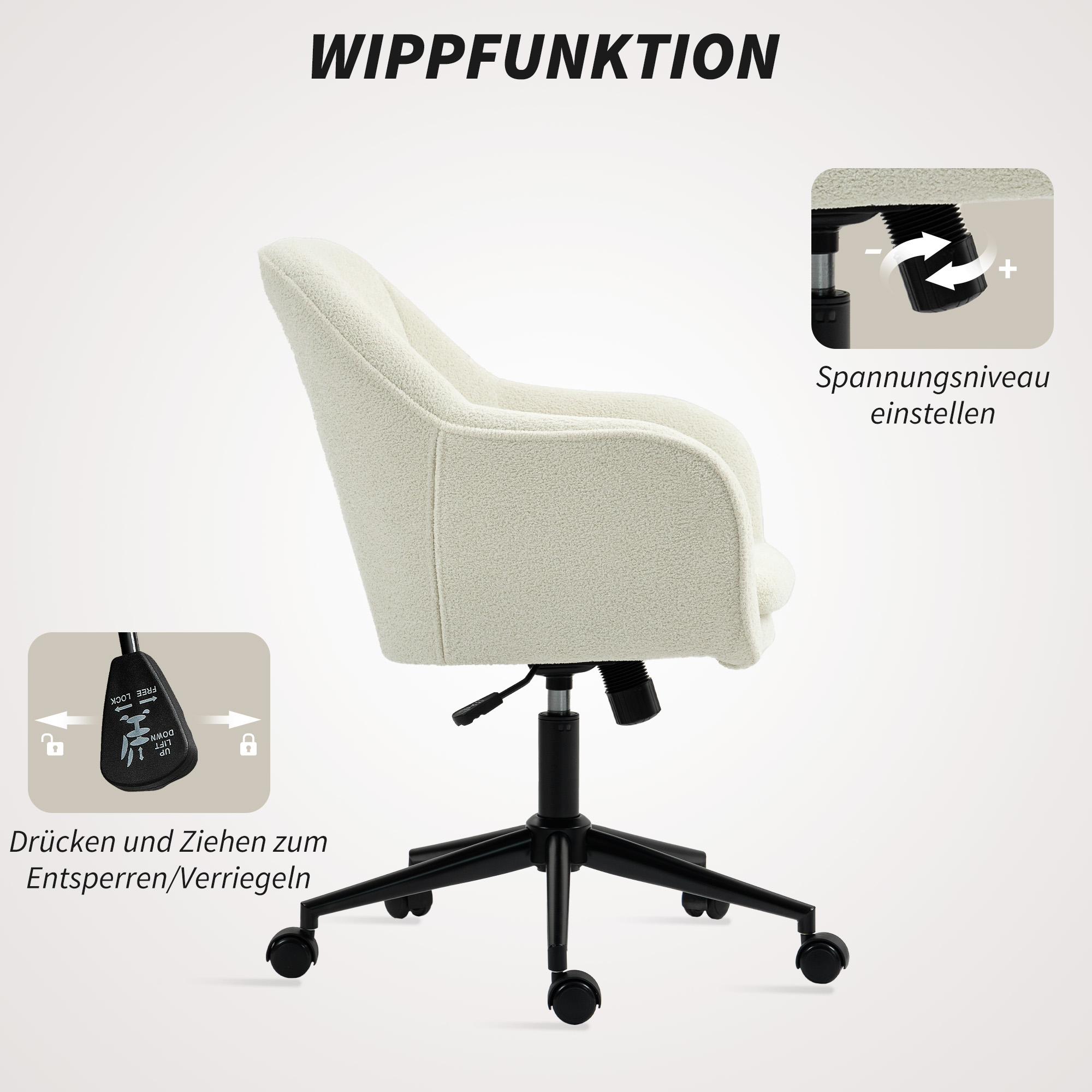 Bürostuhl mit Stoffbezug in Schneeflanelloptik, Schminkstuhl mit gewölbter Rückenlehne, für Schlafzimmer, Beige