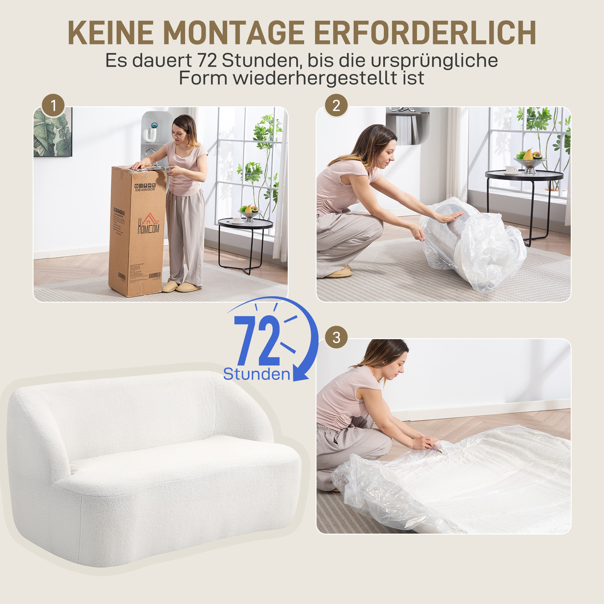 2-Sitzer-Sofa, geschwungenes Design, Polstersofa mit Fleece-Bezug, für Wohnzimmer, Schlafzimmer, Homeoffice, Cremeweiß