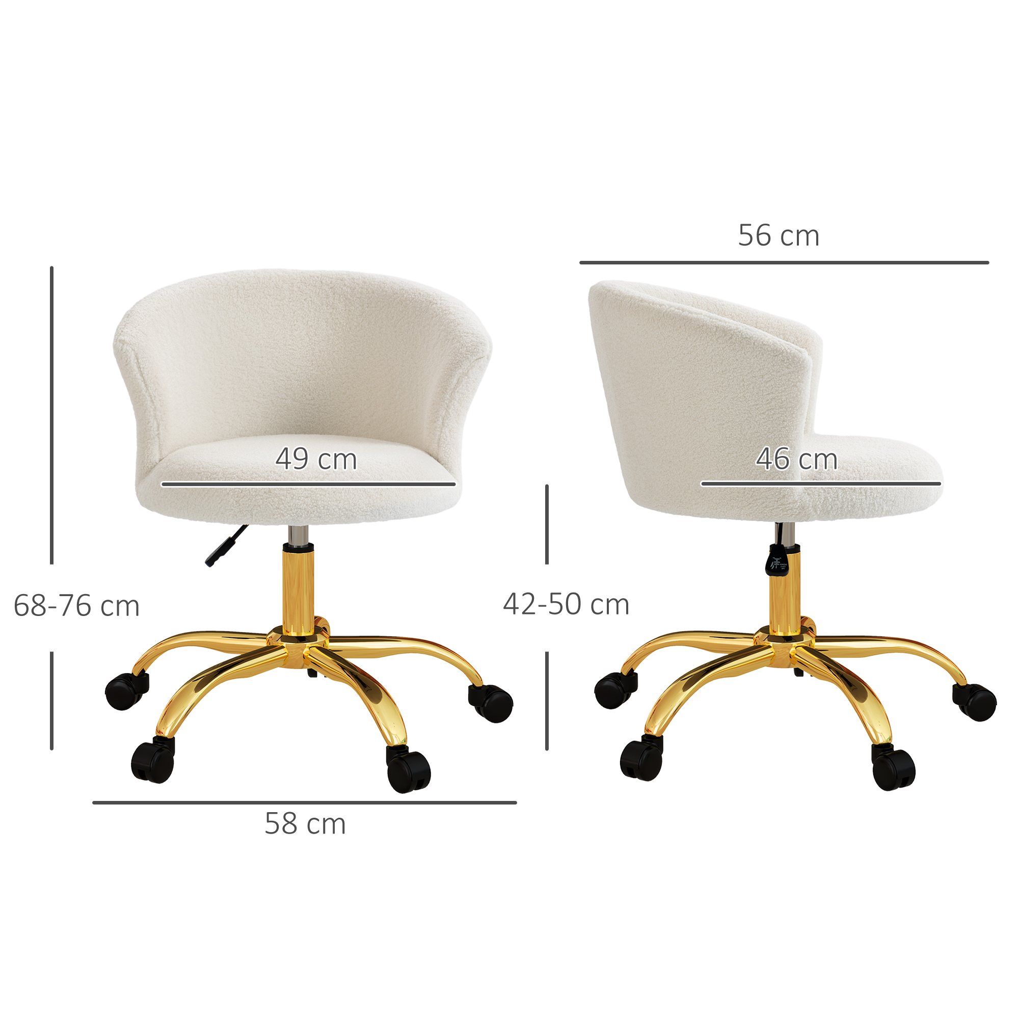 Schreibtischstuhl, höhenverstellbarer Bürostuhl mit Teddy-Fleece-Optik 58 x 56 x 68-76 cm Weiß