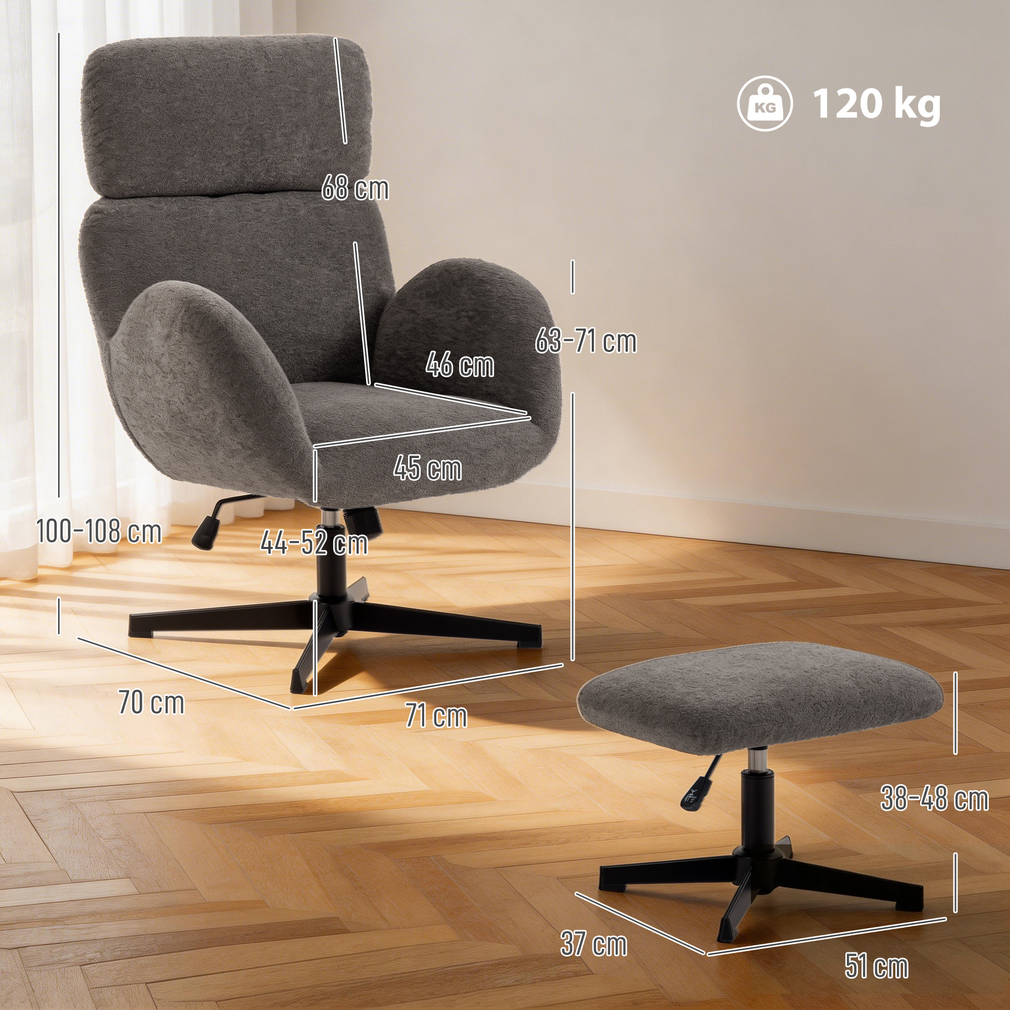 drehbarer Sessel mit Fußhocker, höhenverstellbarer Akzentstuhl mit verstellbarer Kopfstütze, Schaukel-Funktion, Grau