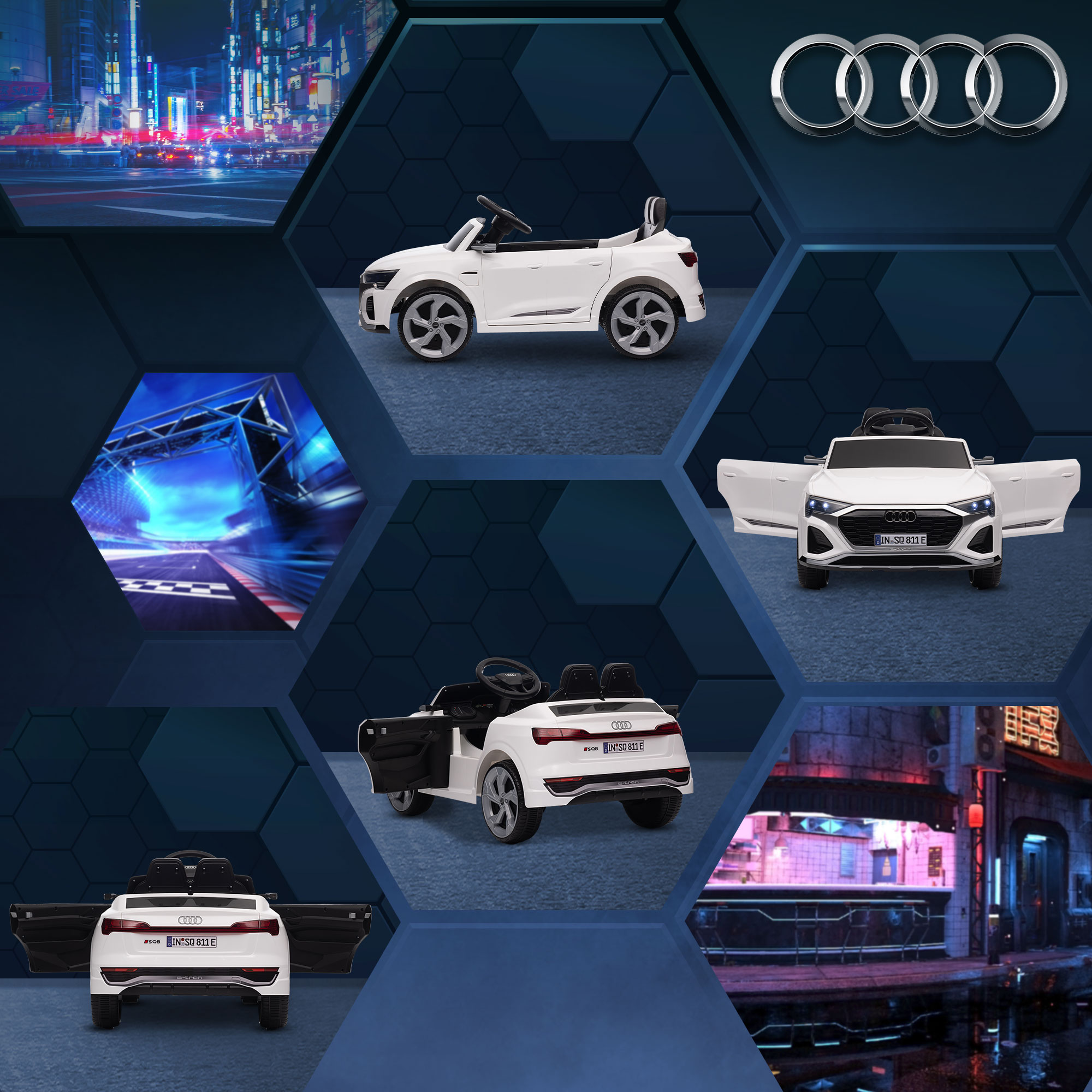 Kinderfahrzeug Audi Q8, 3-5 km/h, Fernsteuerung, Scheinwerfer, Musik, weiß