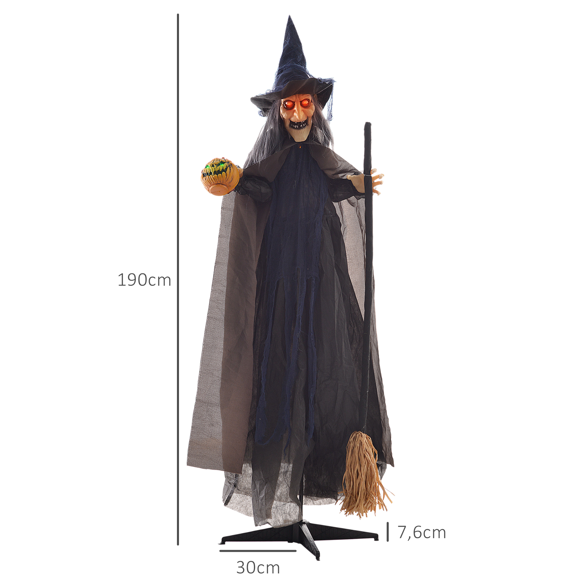Halloweendekoration Hexe mit Besen, leuchtende Augen, gruselige Geräusche, biegsame Arme, 107x65x190 cm