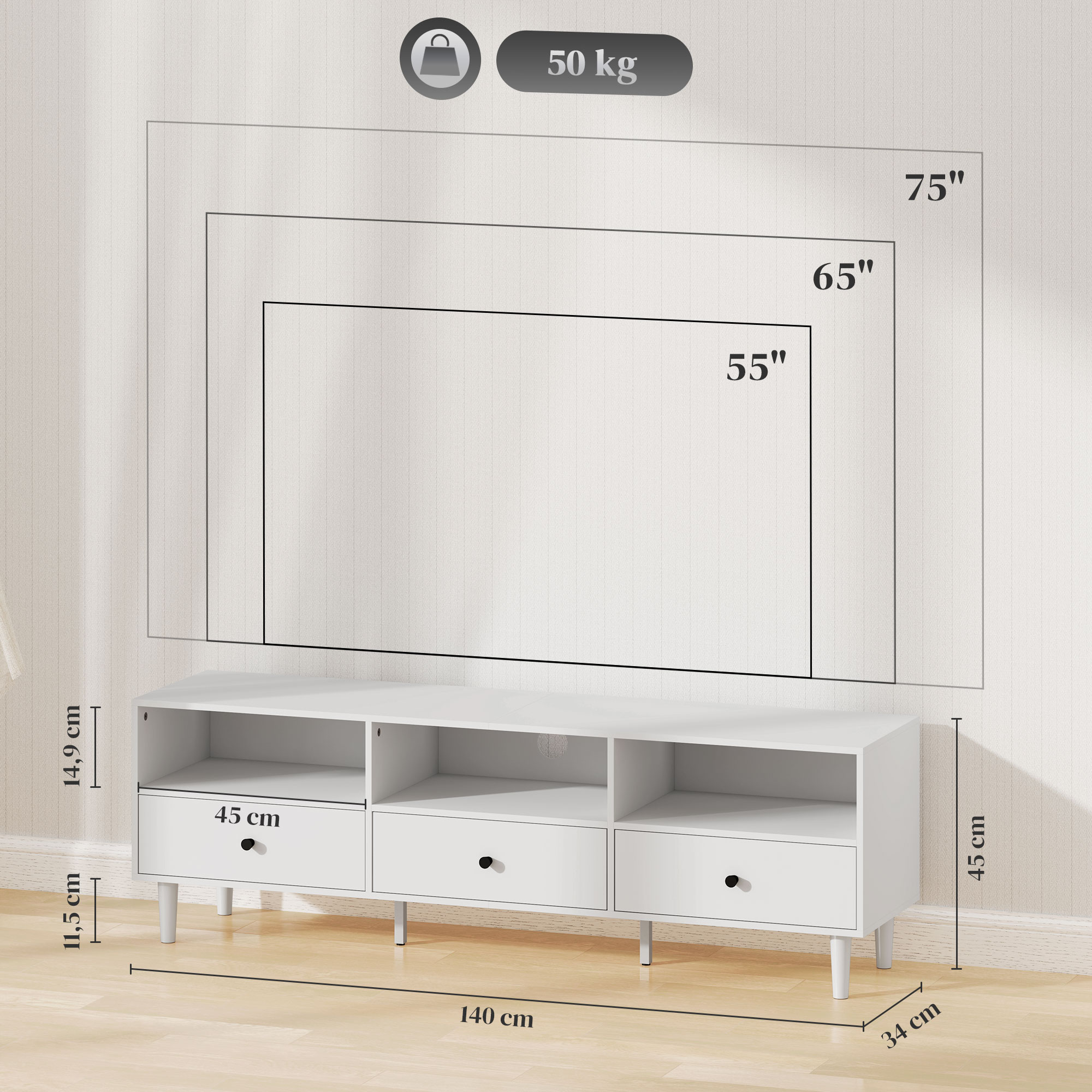 TV-Kommode, TV-Ständer für 75-Zoll-Bildschirme, 3 offene Fächer, 3 Schubladen, Spanplatte, Weiß