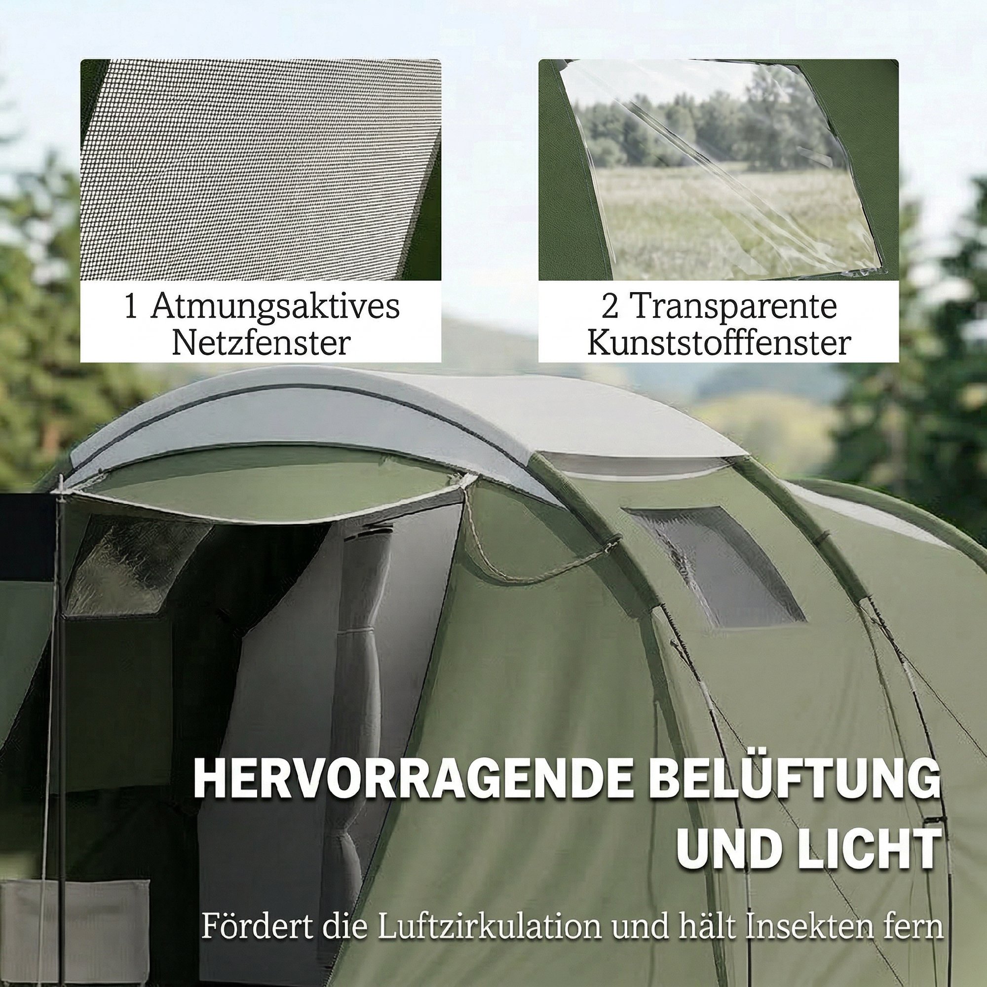 Campingzelt für 3-4 Personen stabil 3000mm wasserdicht Familienzelt mit Schlafkabine Vorraum Wohnbereich Grün