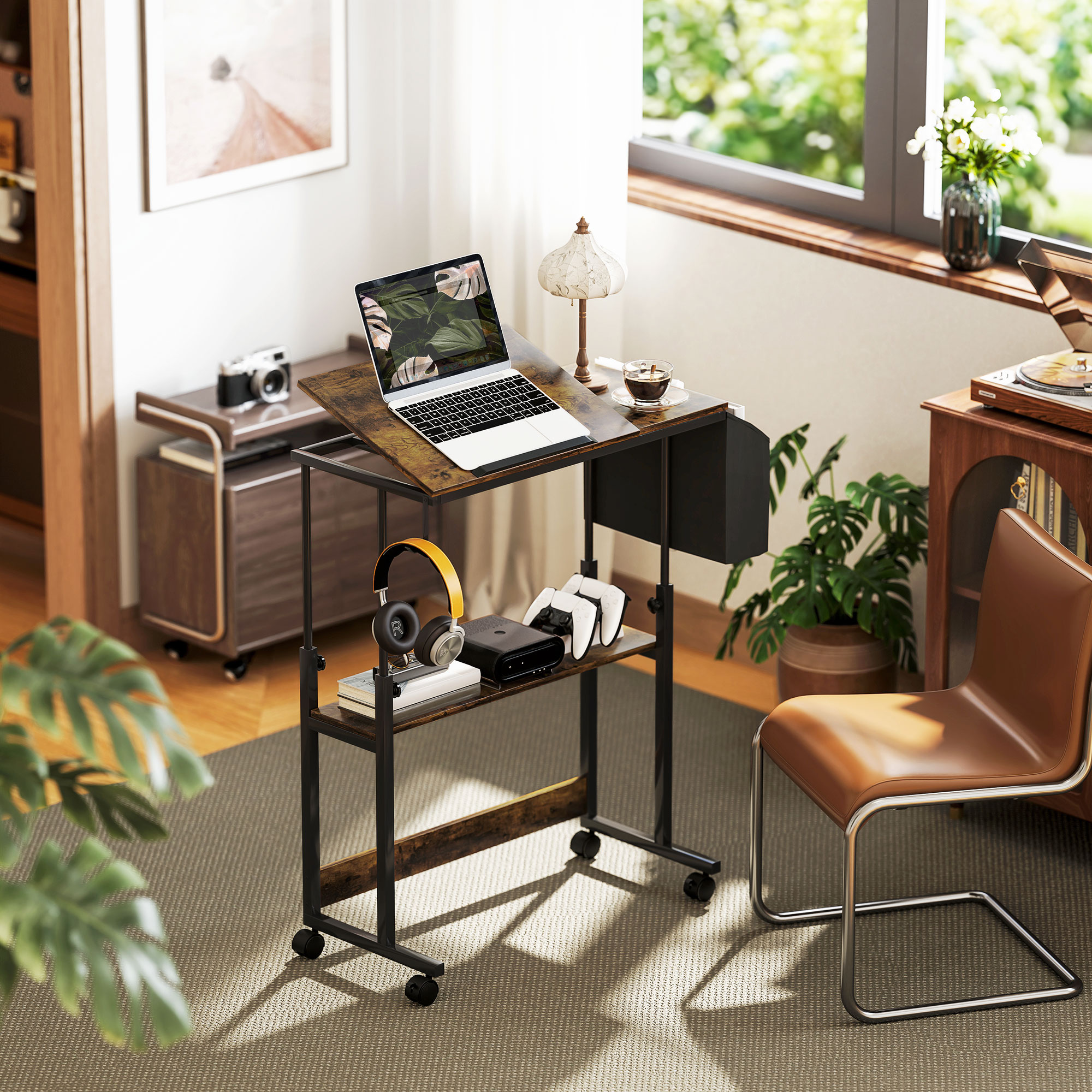 Höhenverstellbares Stehpult mit neigbarer Tischplatte, Rädern, Aufbewahrungsregal, zum Schreiben, Lesen, Zeichnen, Braun
