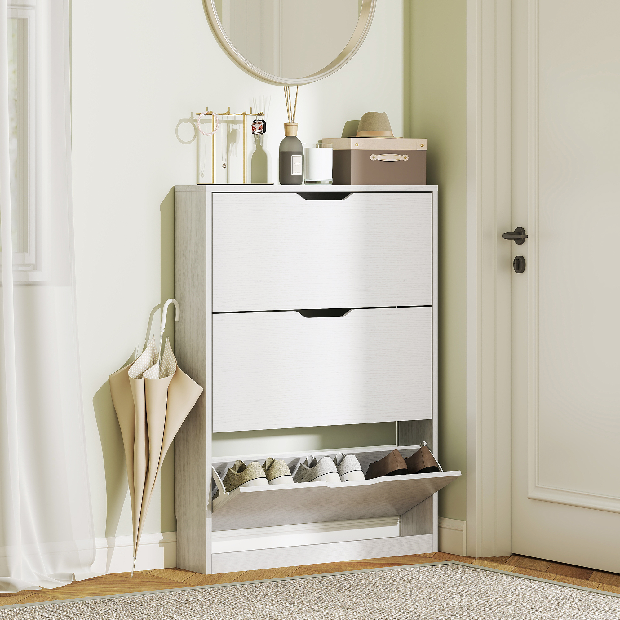 Schuhschrank mit 3 Klappschubladen, für bis zu 12 Paar Schuhe, Spanplatte, 80 x 17 x 108 cm, Weiß