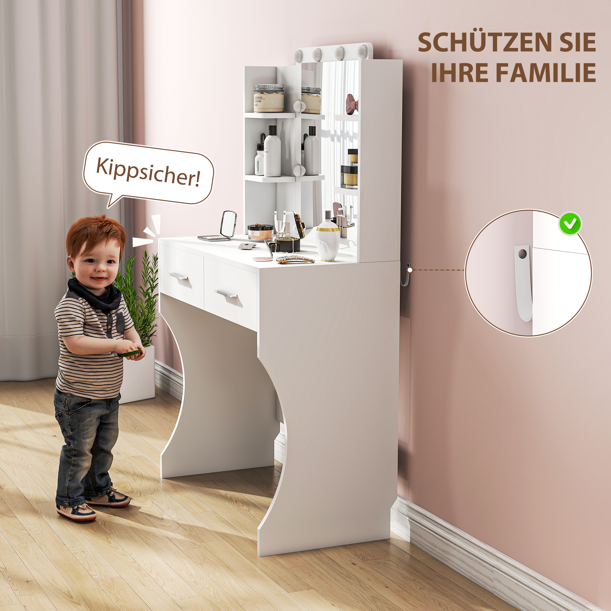 Schminktisch mit Spiegel und dimmbaren LED-Lampen, Schubladen, Regale, Weiß