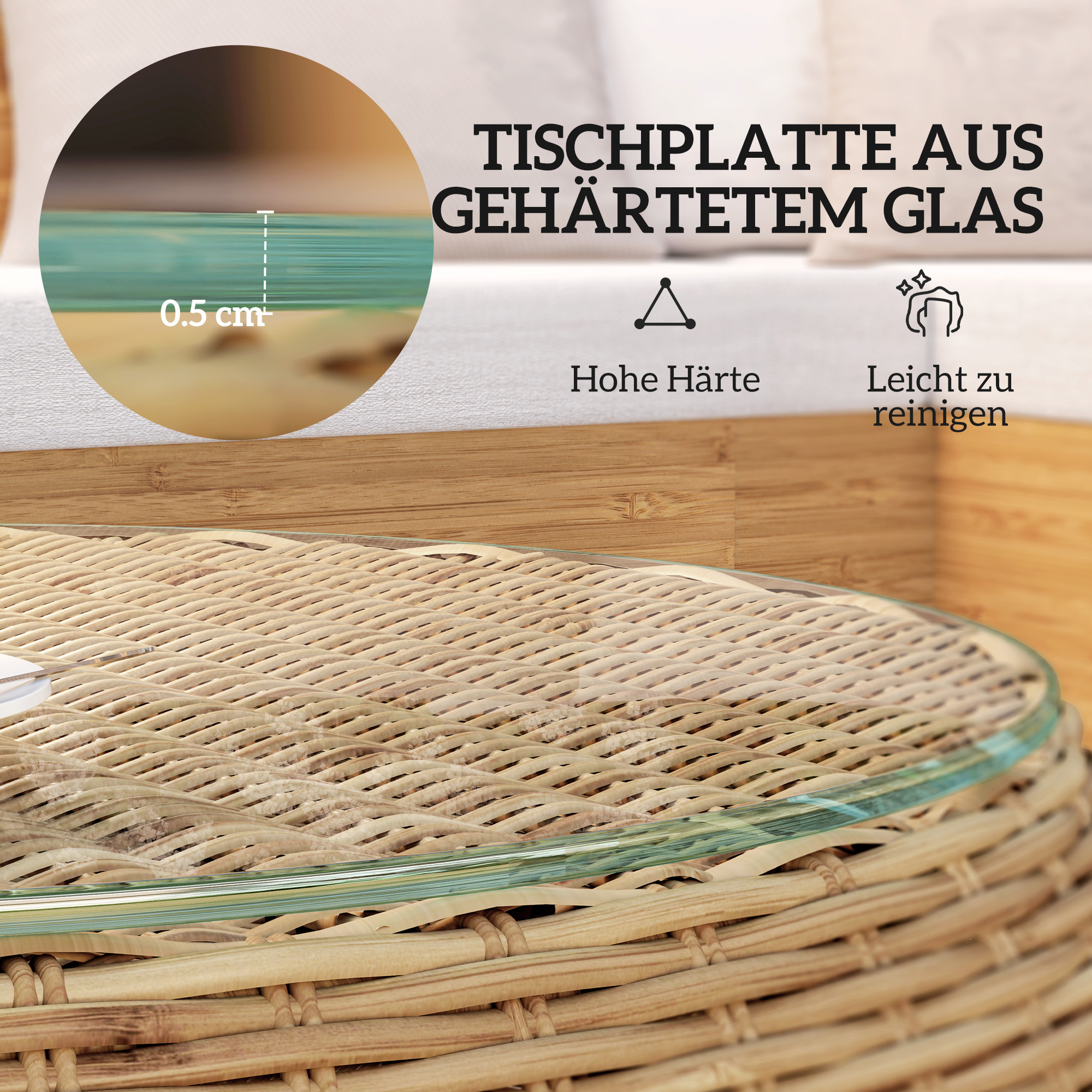 Beistelltisch aus Polyrattan runder Kaffeetisch Couchtisch mit Glas Tischplatte Ø75 x 42 cm Braun