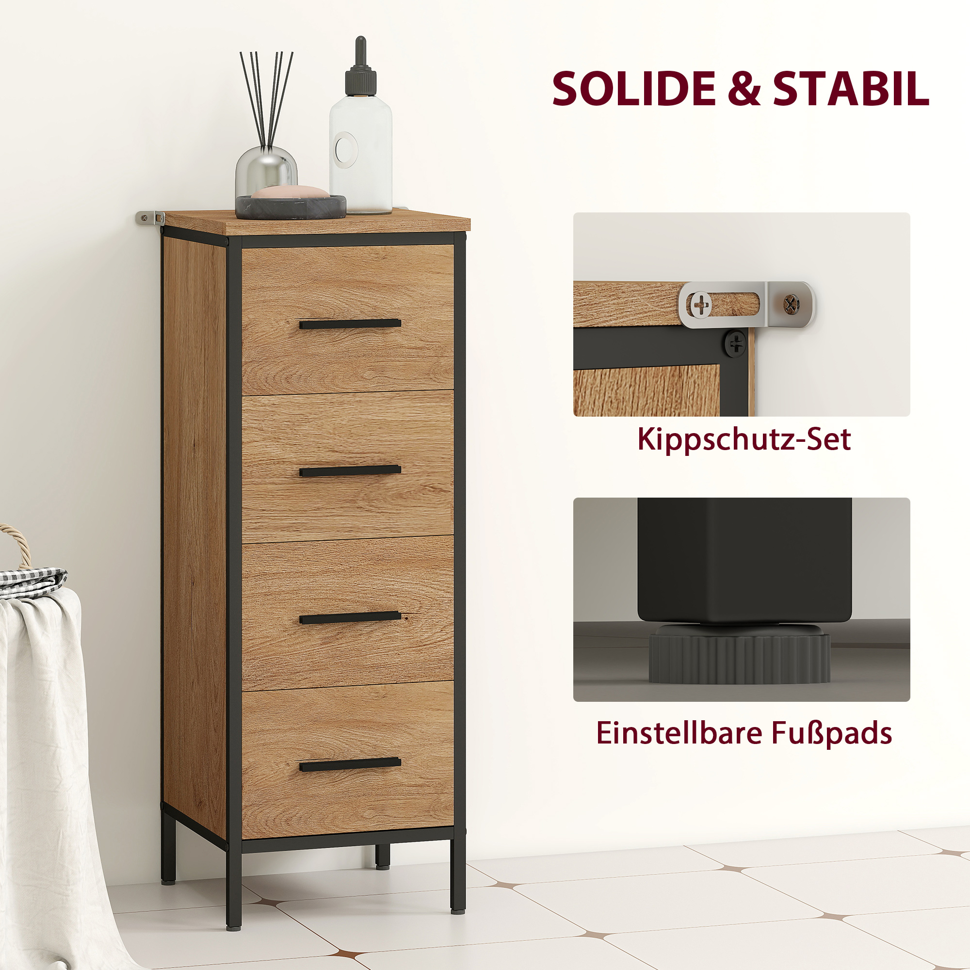 Badezimmerschrank, 4 Schubladen, kompakt, Industrie-Stil, Spanplatten, Metall