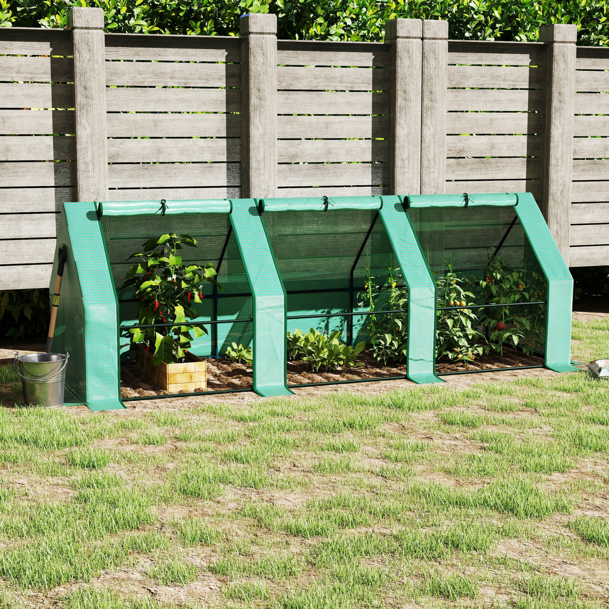 Gewächshaus mit 3 Rollfenster, PE-Gitterfolie, Foliengewächshaus aus Stahl, Treibhaus für Balkon, Garten, Tomatenhaus 270x90x90cm, Tomatengewächshaus für Gemüse, Blumen, Pflanzen, Grün
